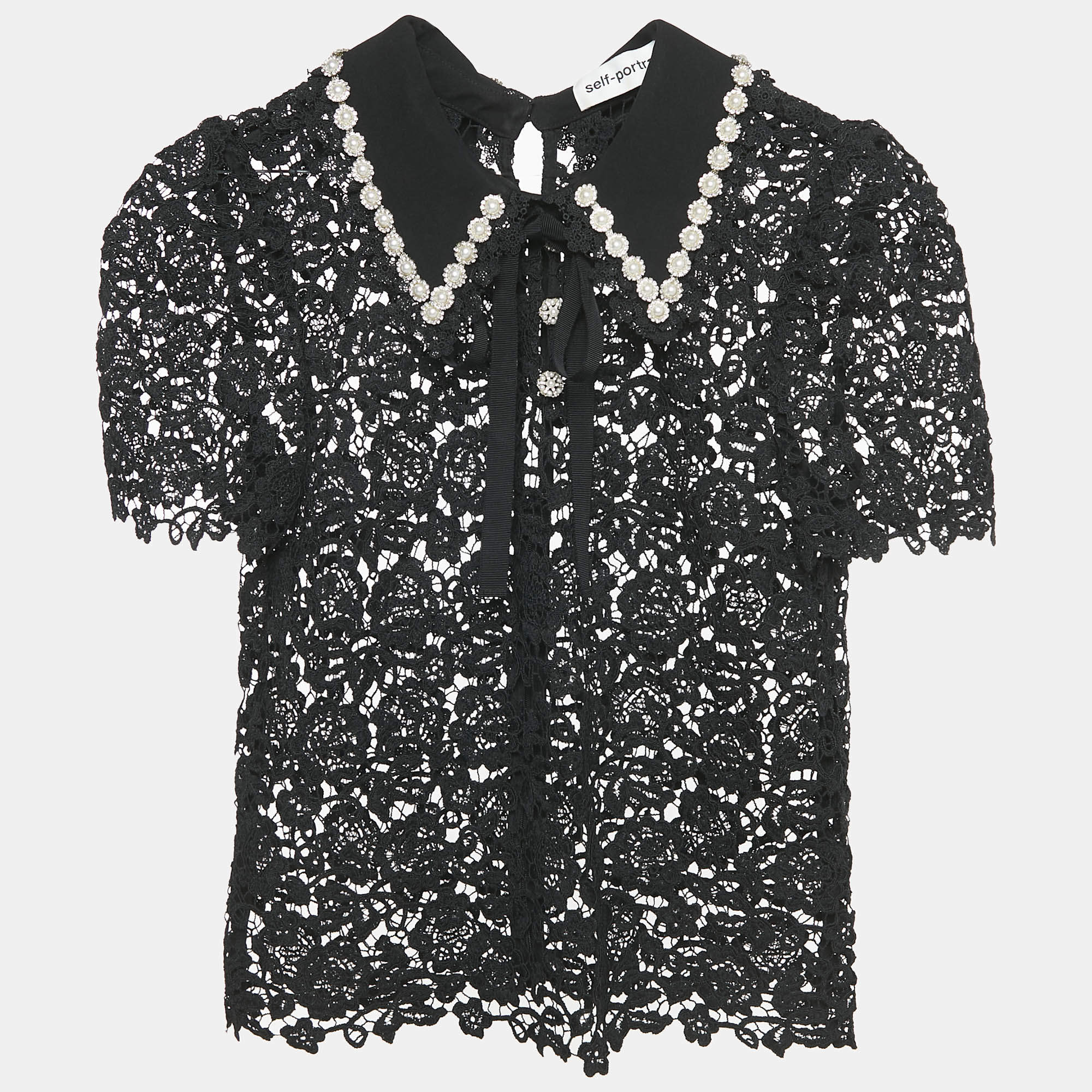 Pre Owned Self-Portrait Black Beads Embellished Lace Sheer Shirt S