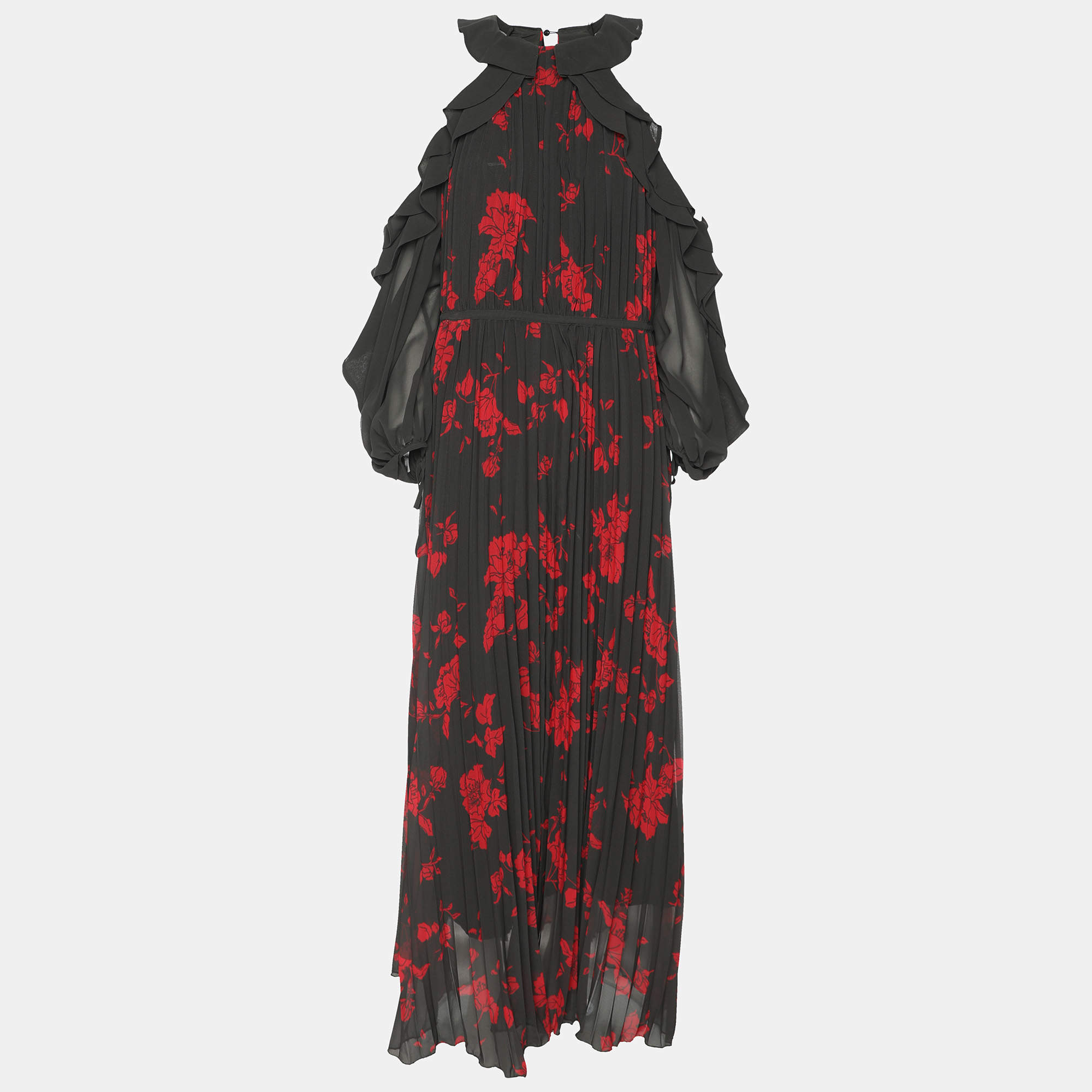Self-Portrait Red/Khaki Rose Print Polyester Maxi Dress S