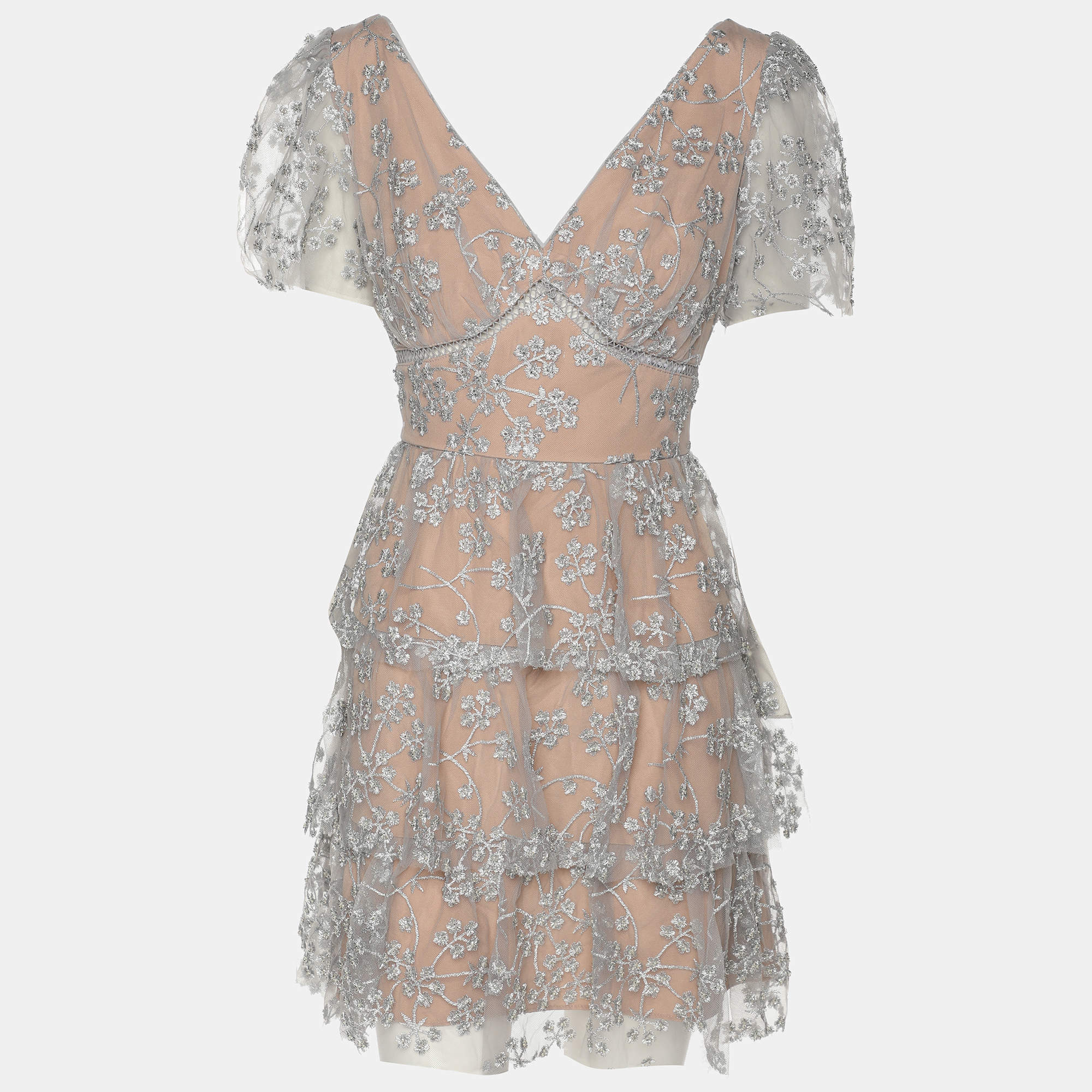 Self Portrait Grey/Beige Mesh Embroidered Blossom Tiered Mini Dress S