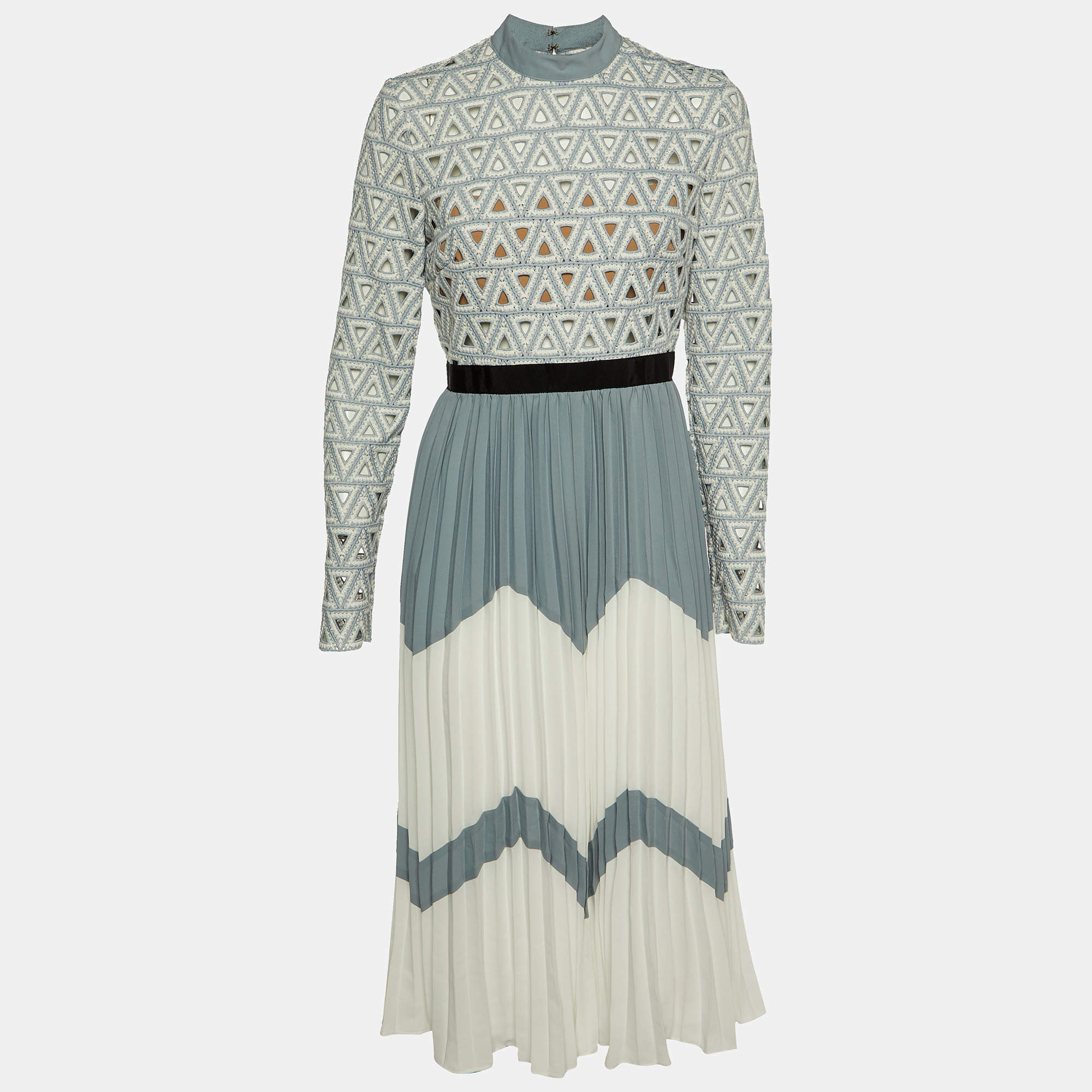 Self-Portrait Grey/White Crochet Lace & Crepe Pleated Midi Dress M