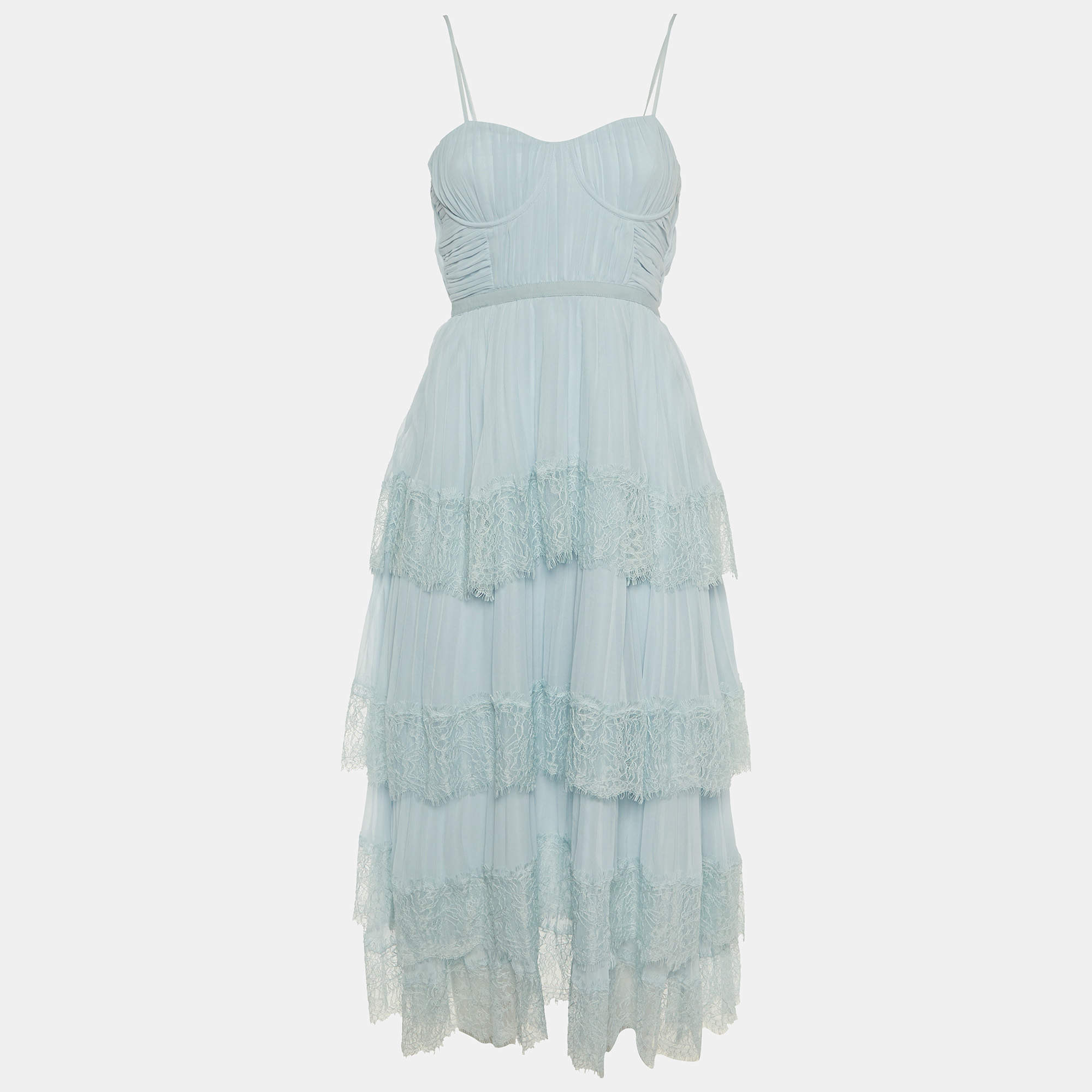 Self-Portrait Blue Chiffon & Lace Tiered Midi Dress M