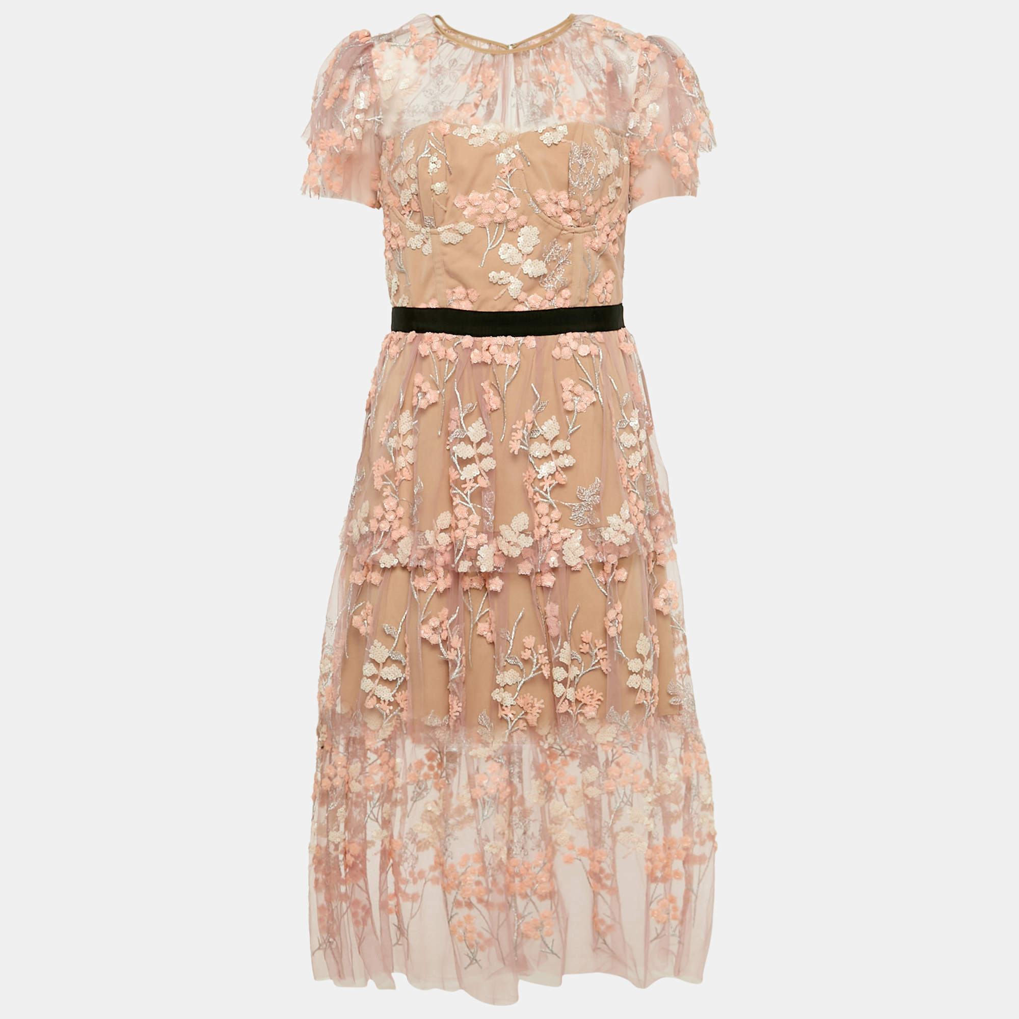 Pre Owned فستان سيلف بورتريه متوسط تول مطرز وردي فاتح متعدد الطبقات