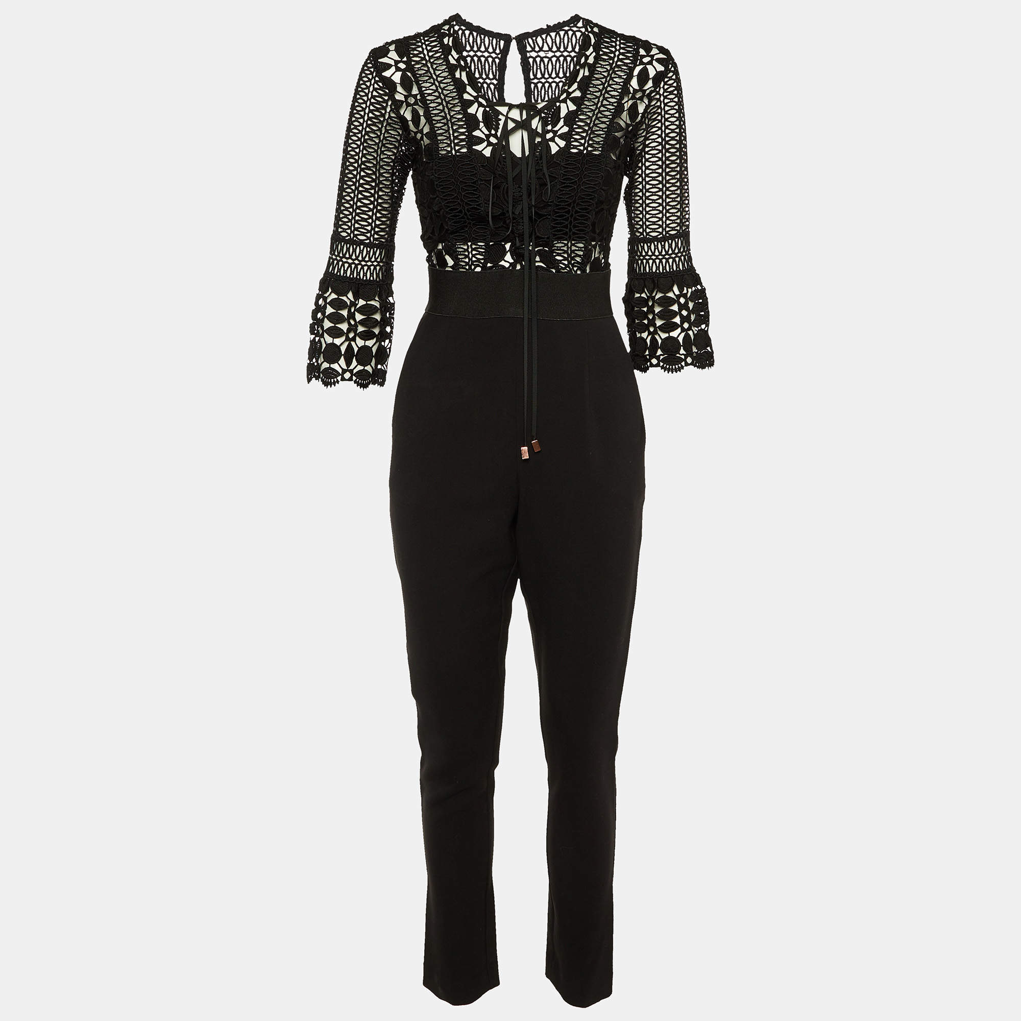 Self-Portrait Black Lace & Cady Tie Up Jumpsuit S