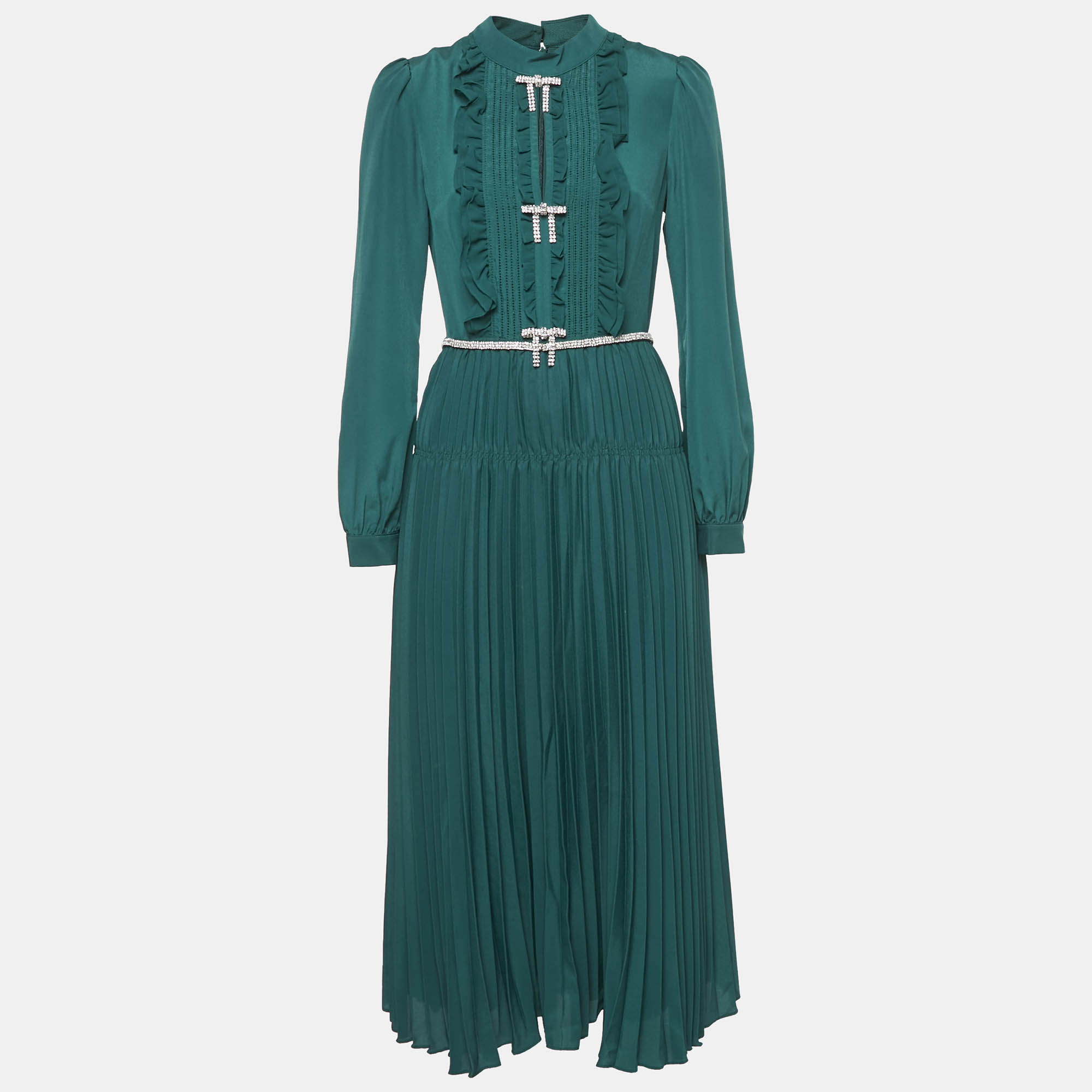 Self-Portrait Green Crystal Embellished Crepe Pleated Midi Dress M