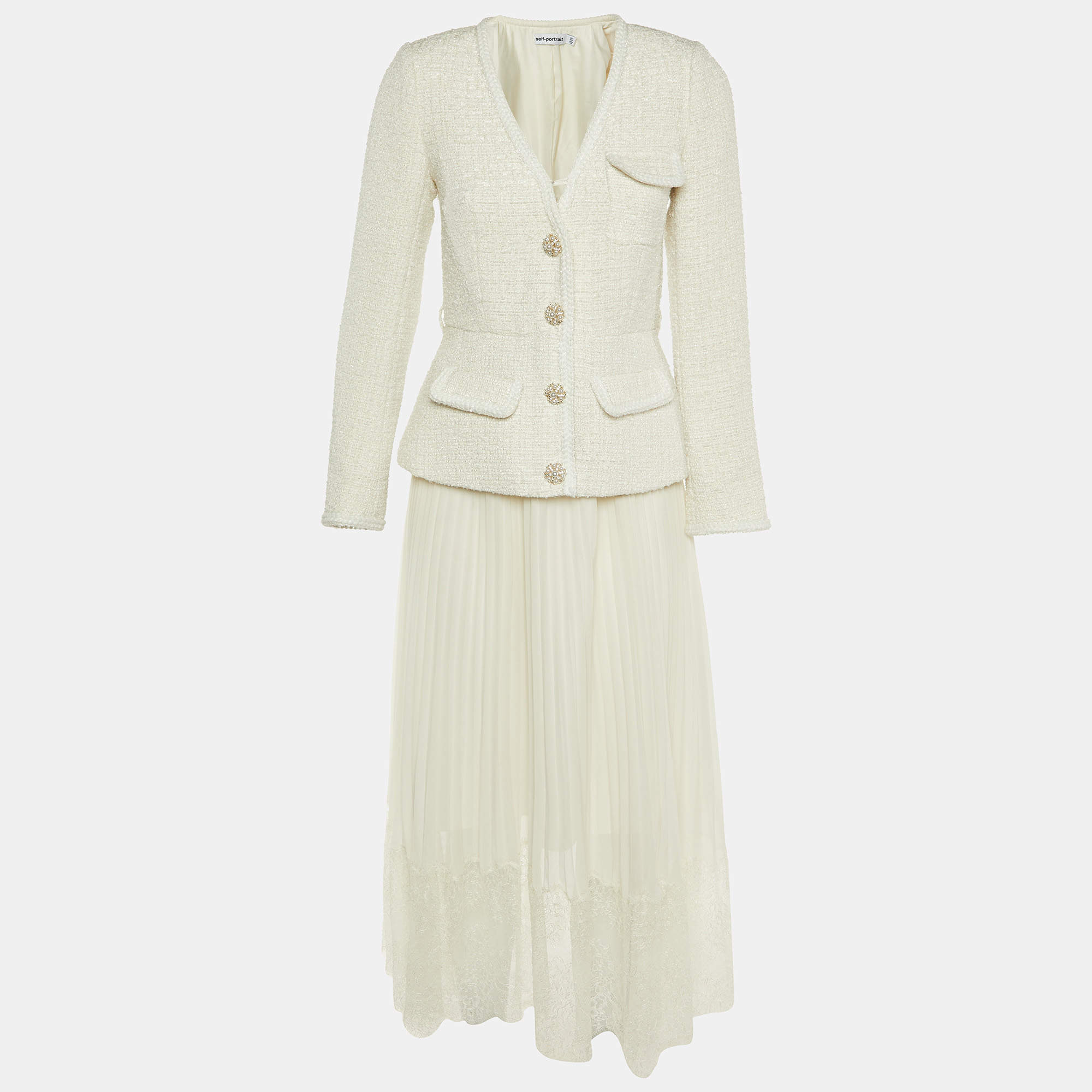 Self-Portrait White Tweed & Crepe Tailored Midi Dress S