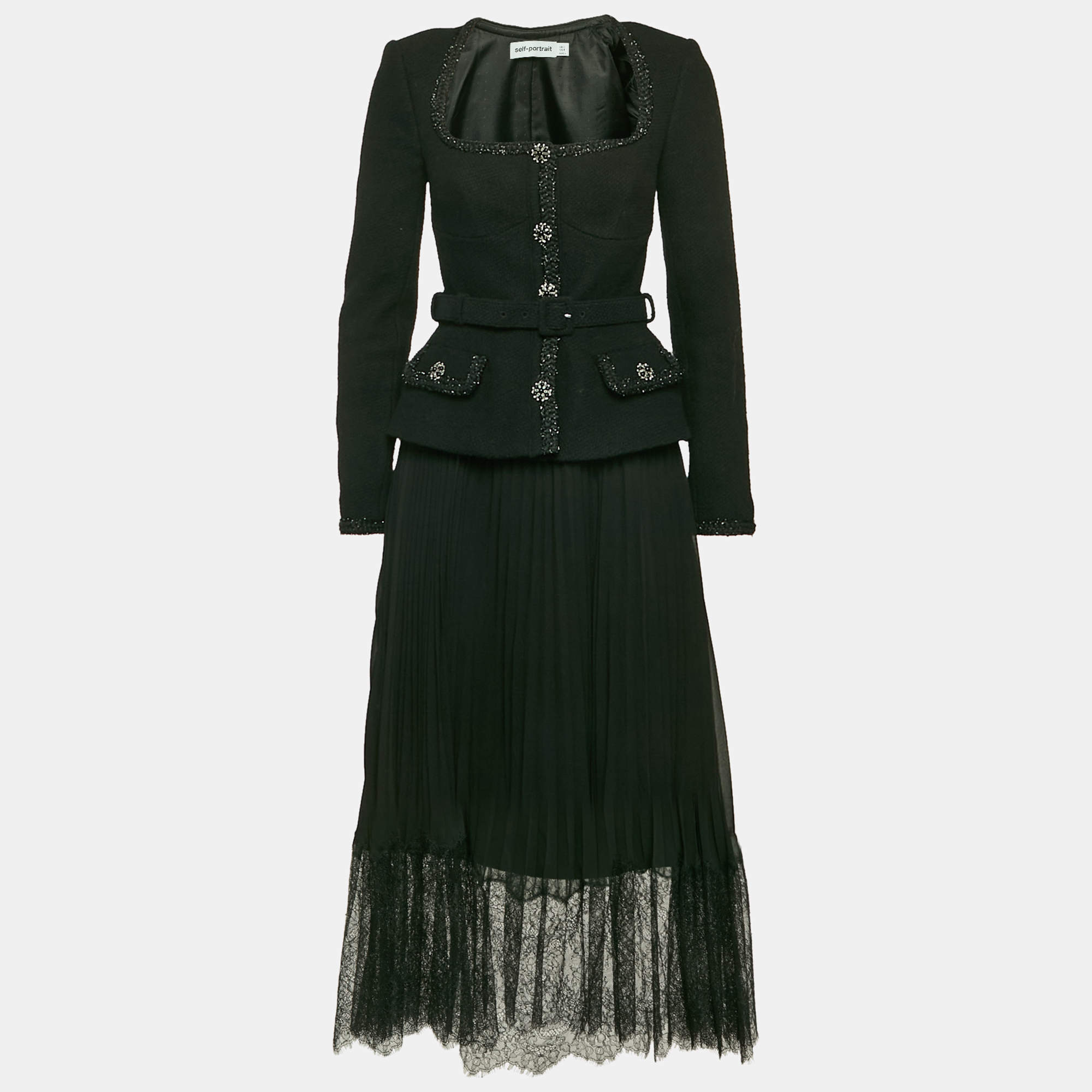 Self-Portrait Black Tweed and Chiffon Pleated Tailored Bodice Midi Dress M