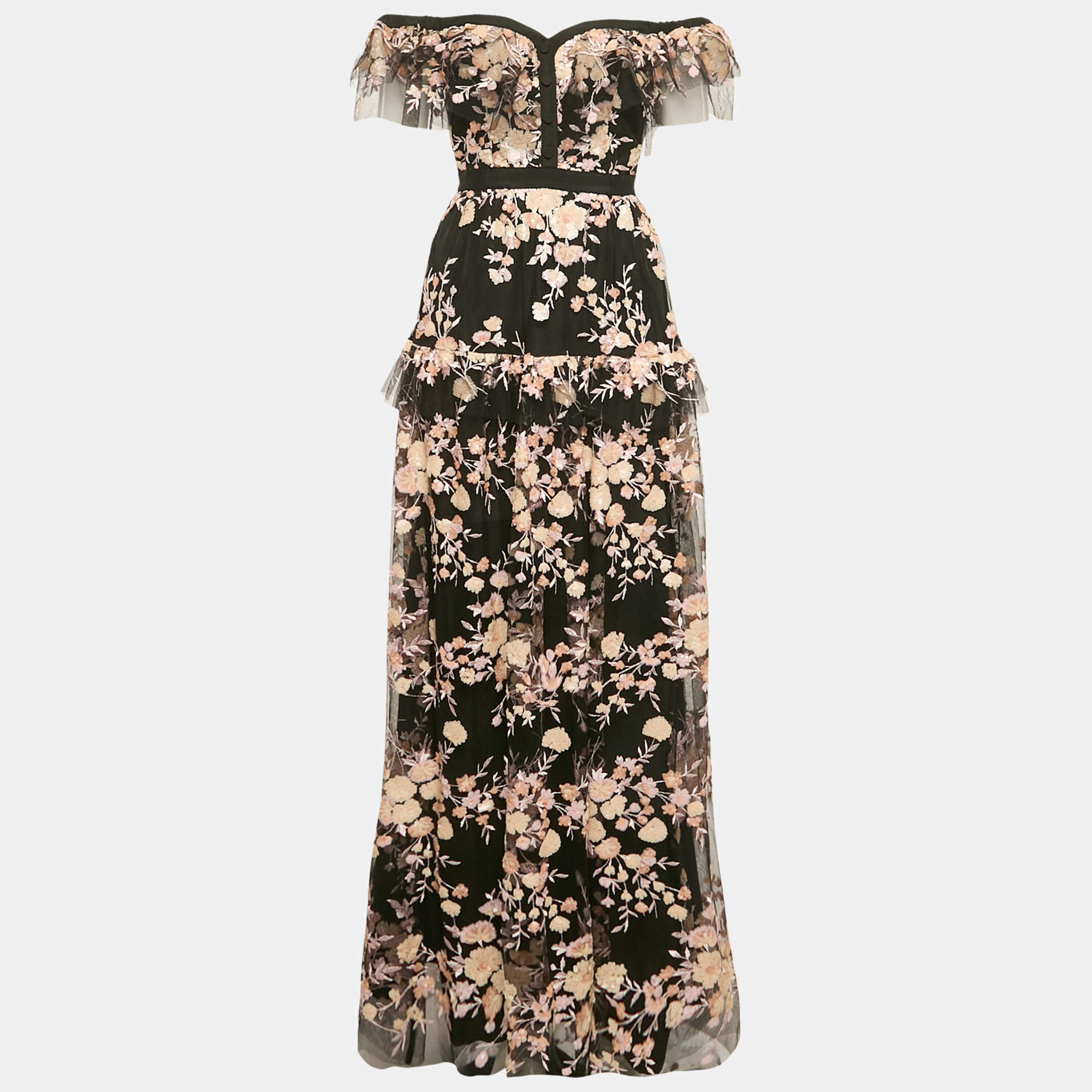 Pre Owned Self-Portrait Black Floral Embroidered Tulle Tiered Maxi Dress M