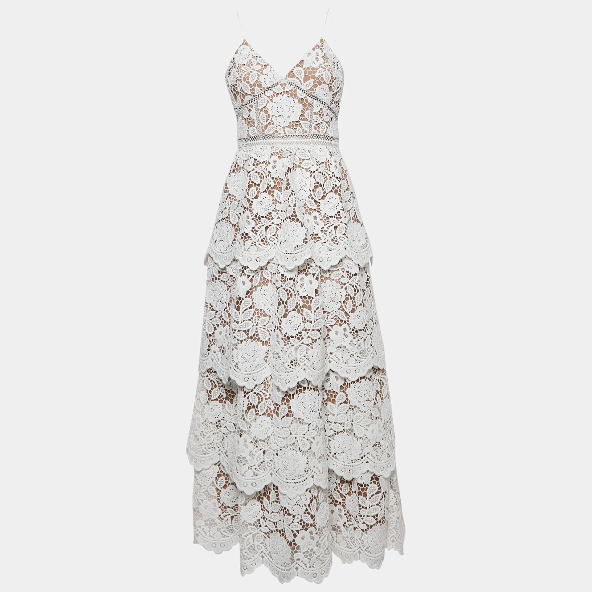 Self-Portrait White Floral Lace Tiered Maxi Dress M