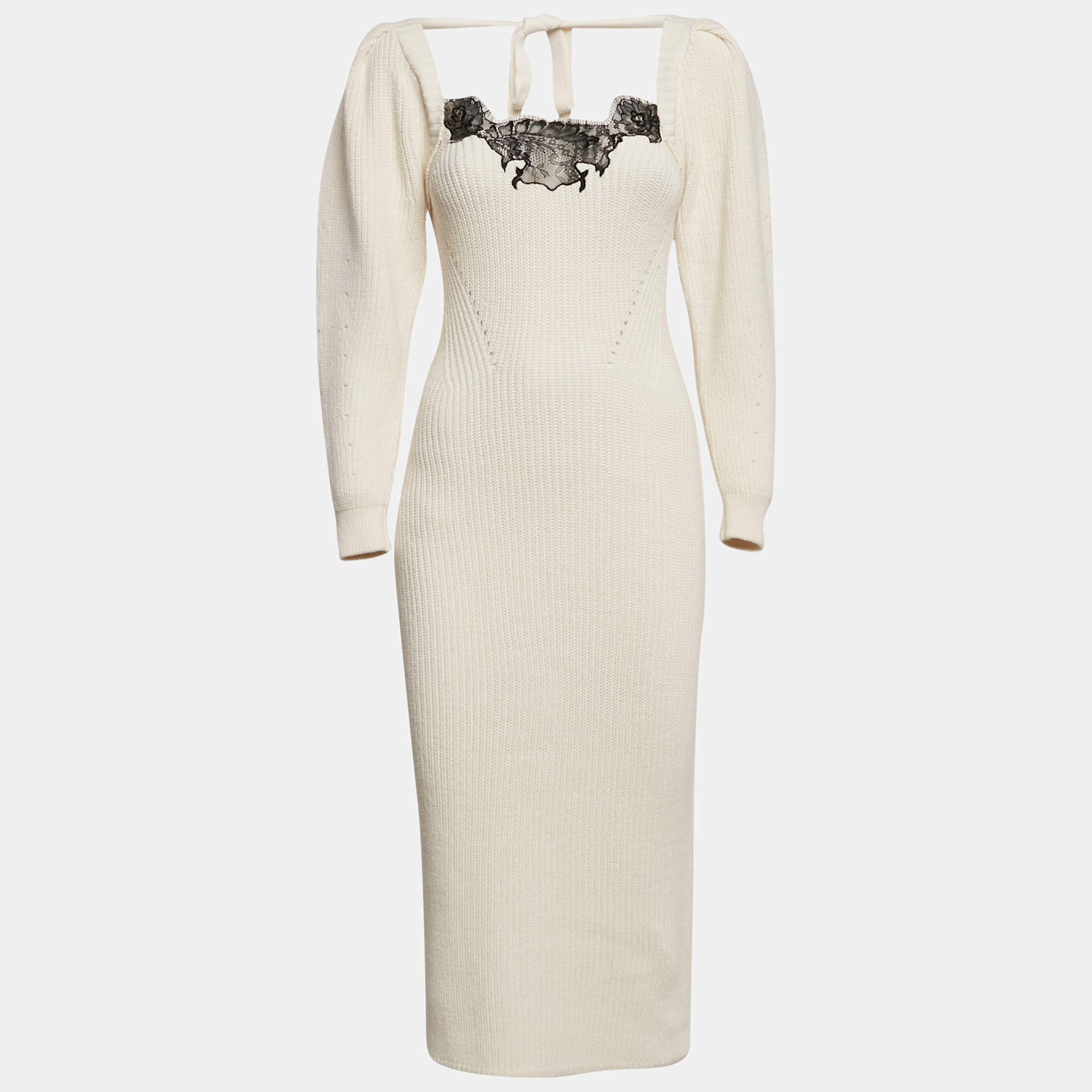 Pre Owned Self-Portrait Ivory Rib Knit Lace Trim Puff Sleeve Midi Dress S