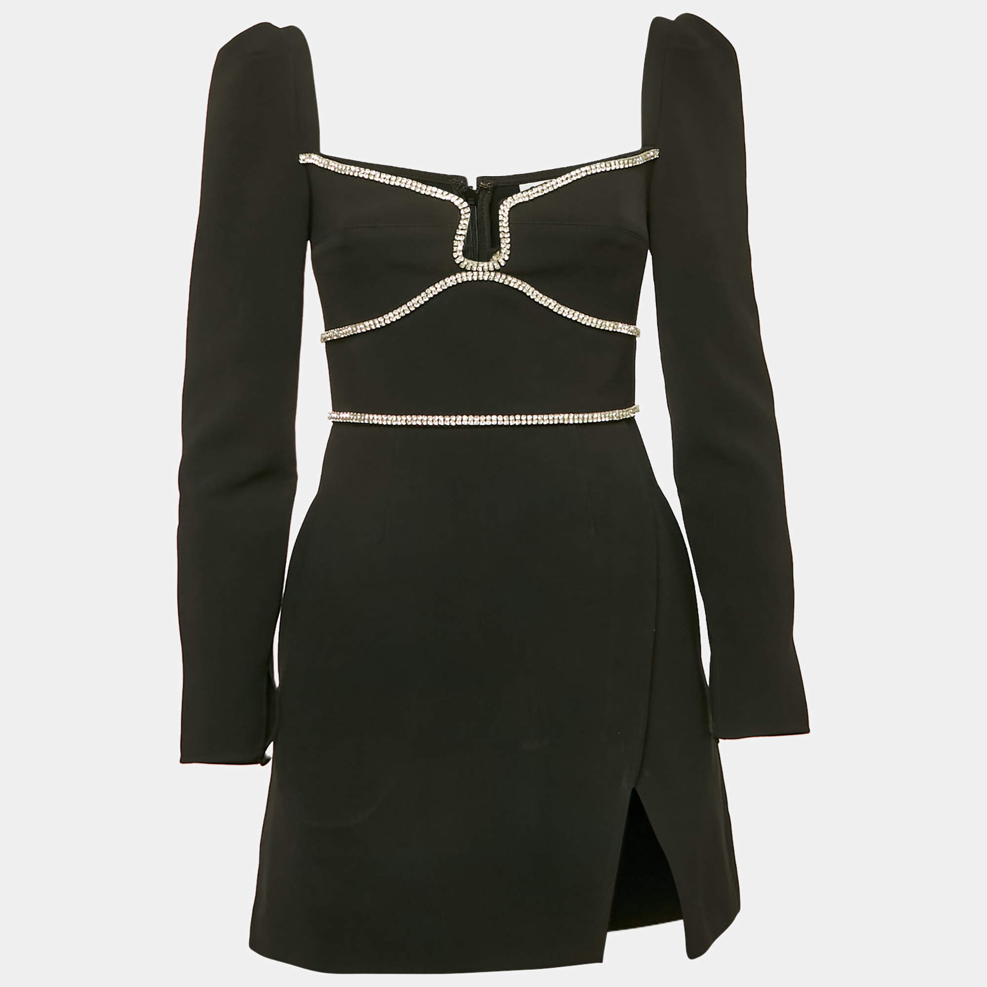 Pre Owned Self-Portrait Black Crepe Crystal Detail Mini Dress S