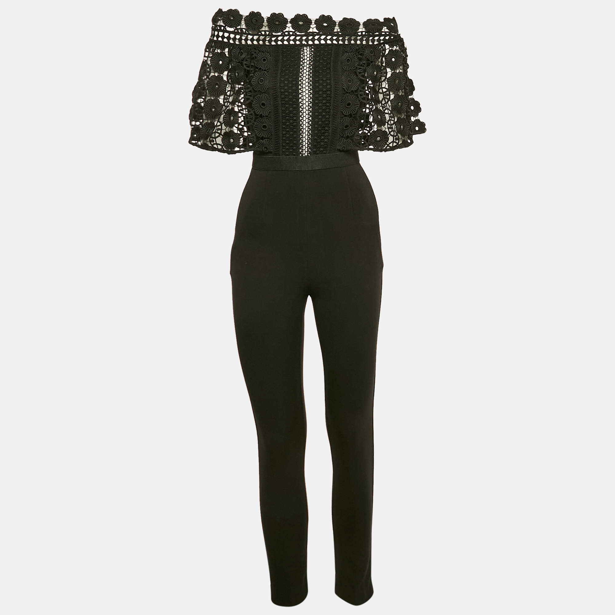 Self-Portrait Black Crepe Lace Overlay Detail Jumpsuit S