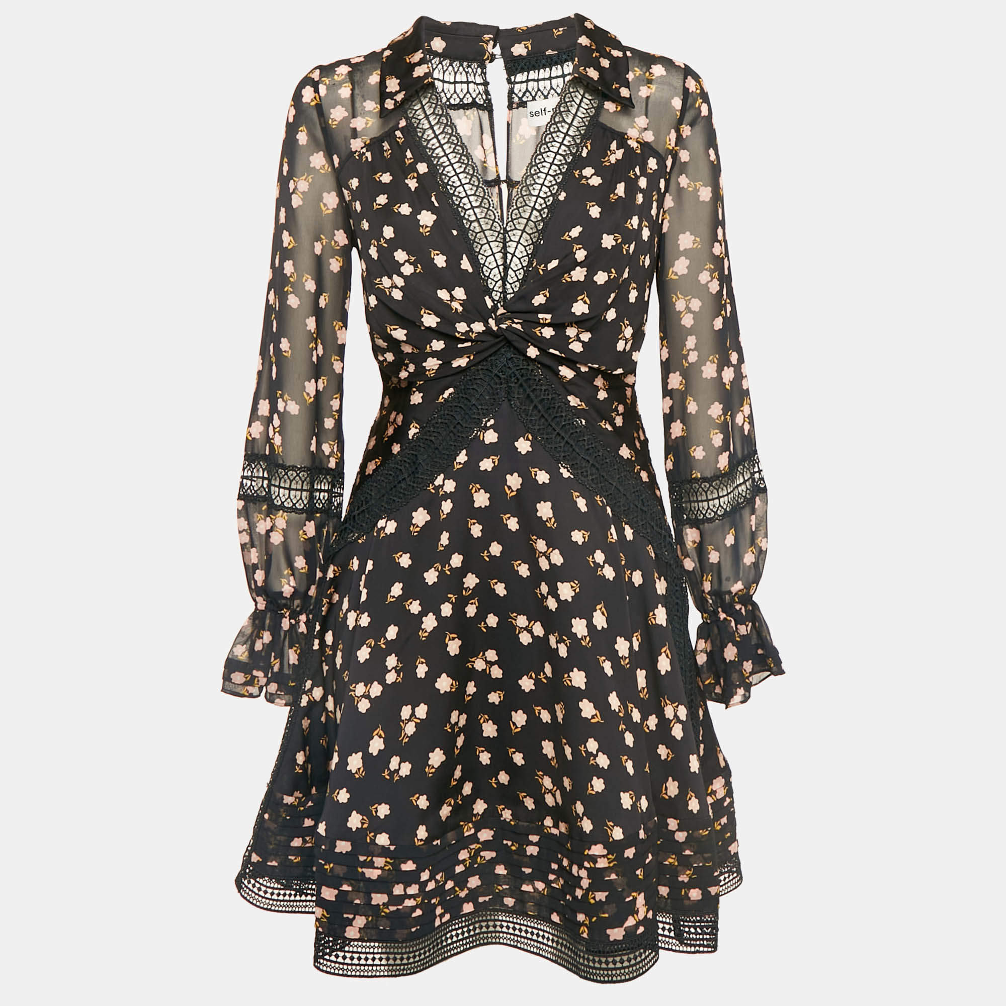 Self-Portrait Black Floral Printed Chiffon & Lace Mini Dress S