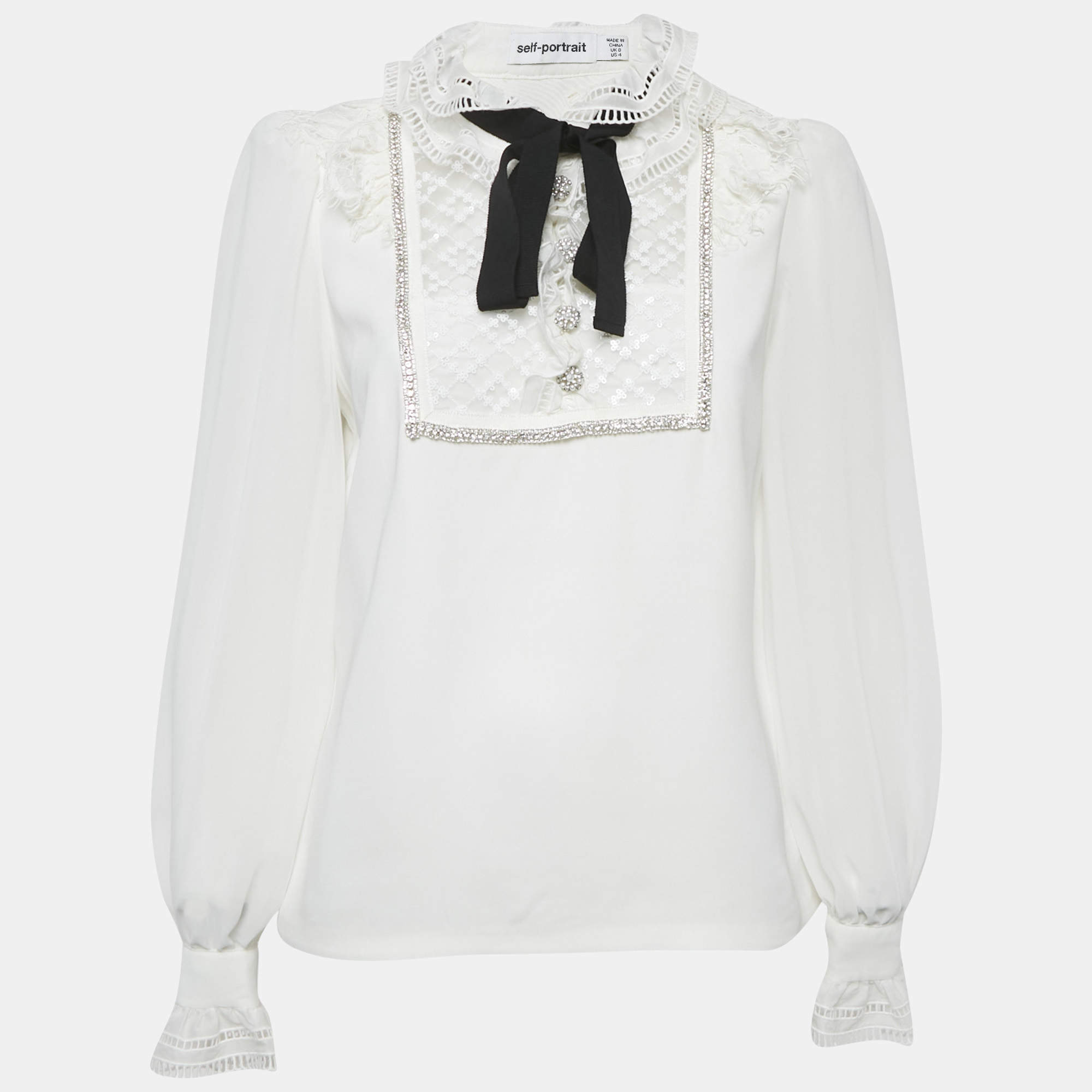 Pre Owned Self-Portrait White Crepe Frilled Collar Pussy Bow Detail Blouse S