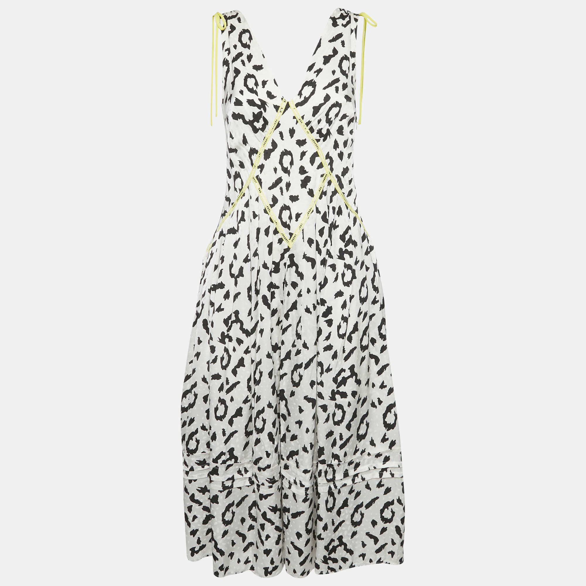Pre Owned Self-Portrait White Animal Printed Satin Contrast Detail Midi Dress S