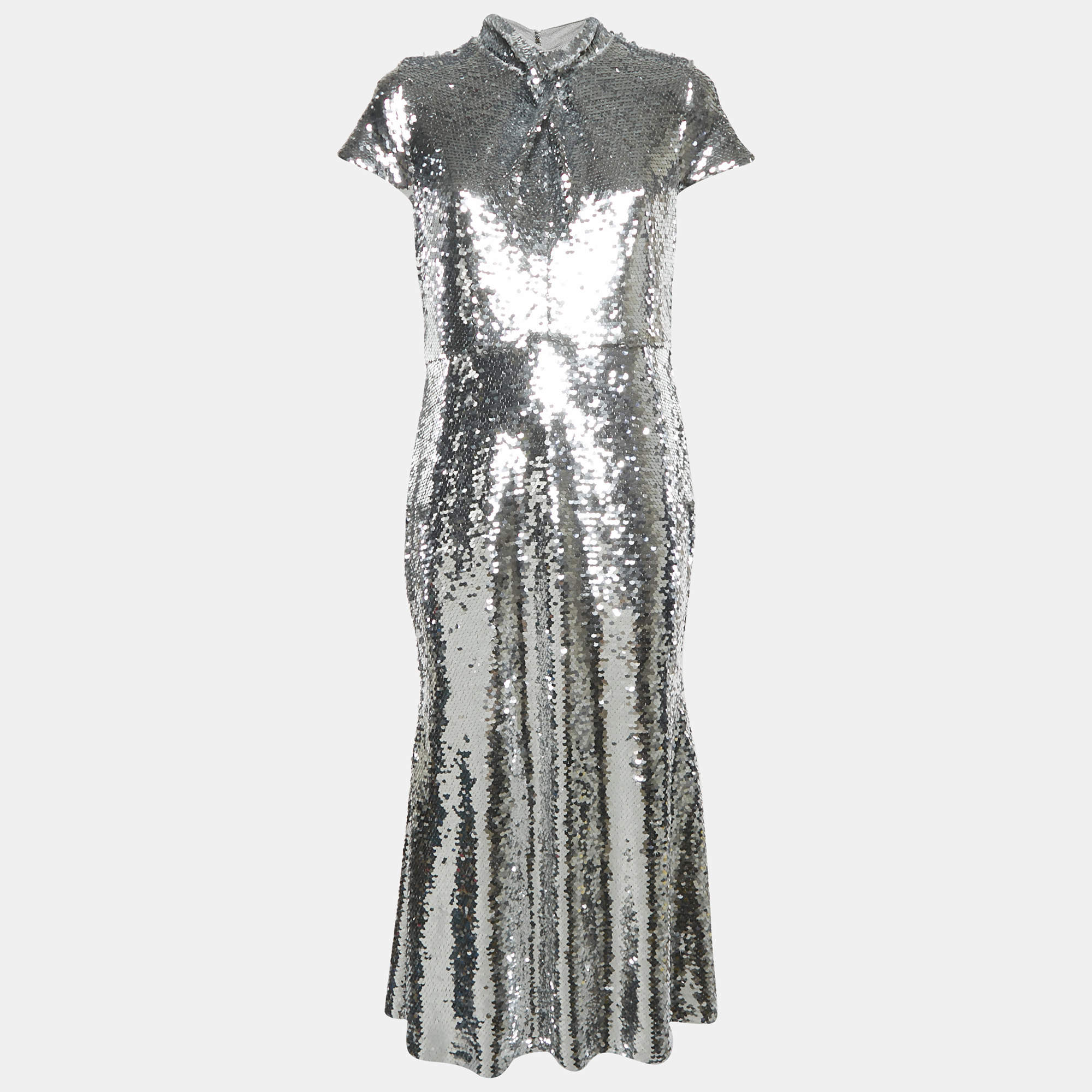 Self-Portrait Silver Sequin Twist Neck Detail Midi Dress M