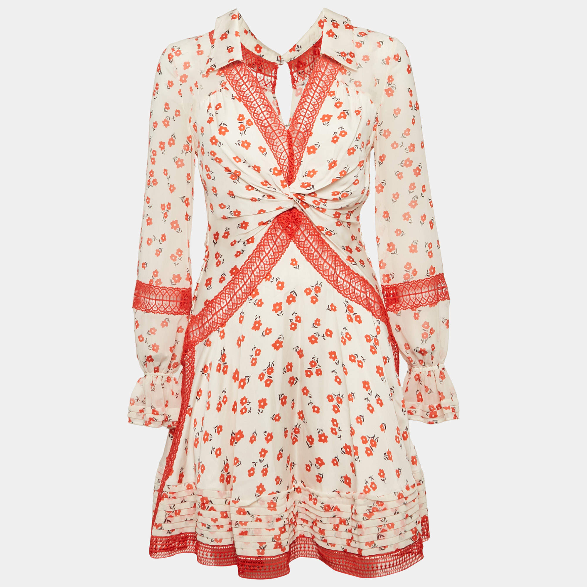 Self-Portrait White Floral Print Chiffon Lace Inserts Mini Dress S