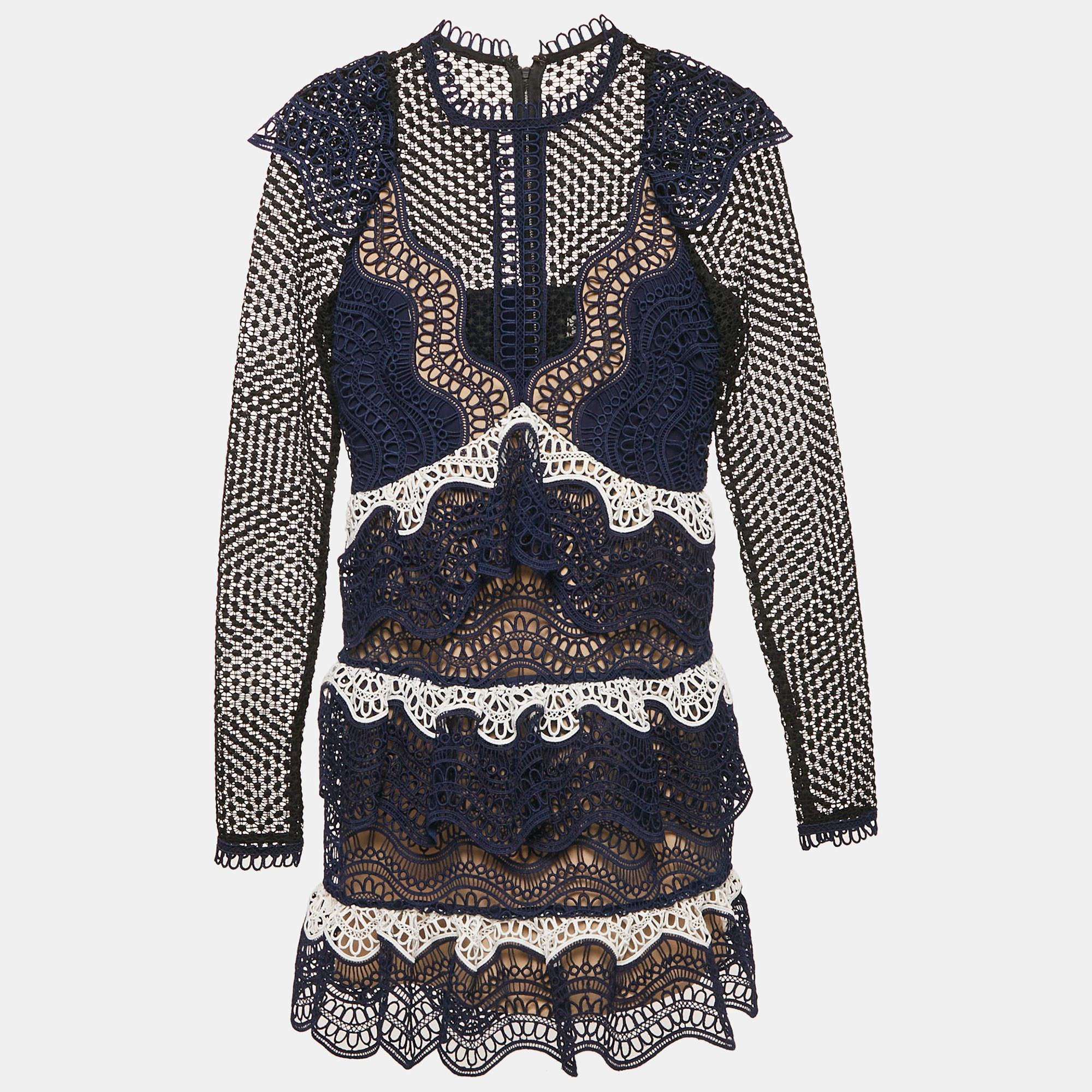 Self-Portrait Navy Blue Lace Tiered Mini Dress S