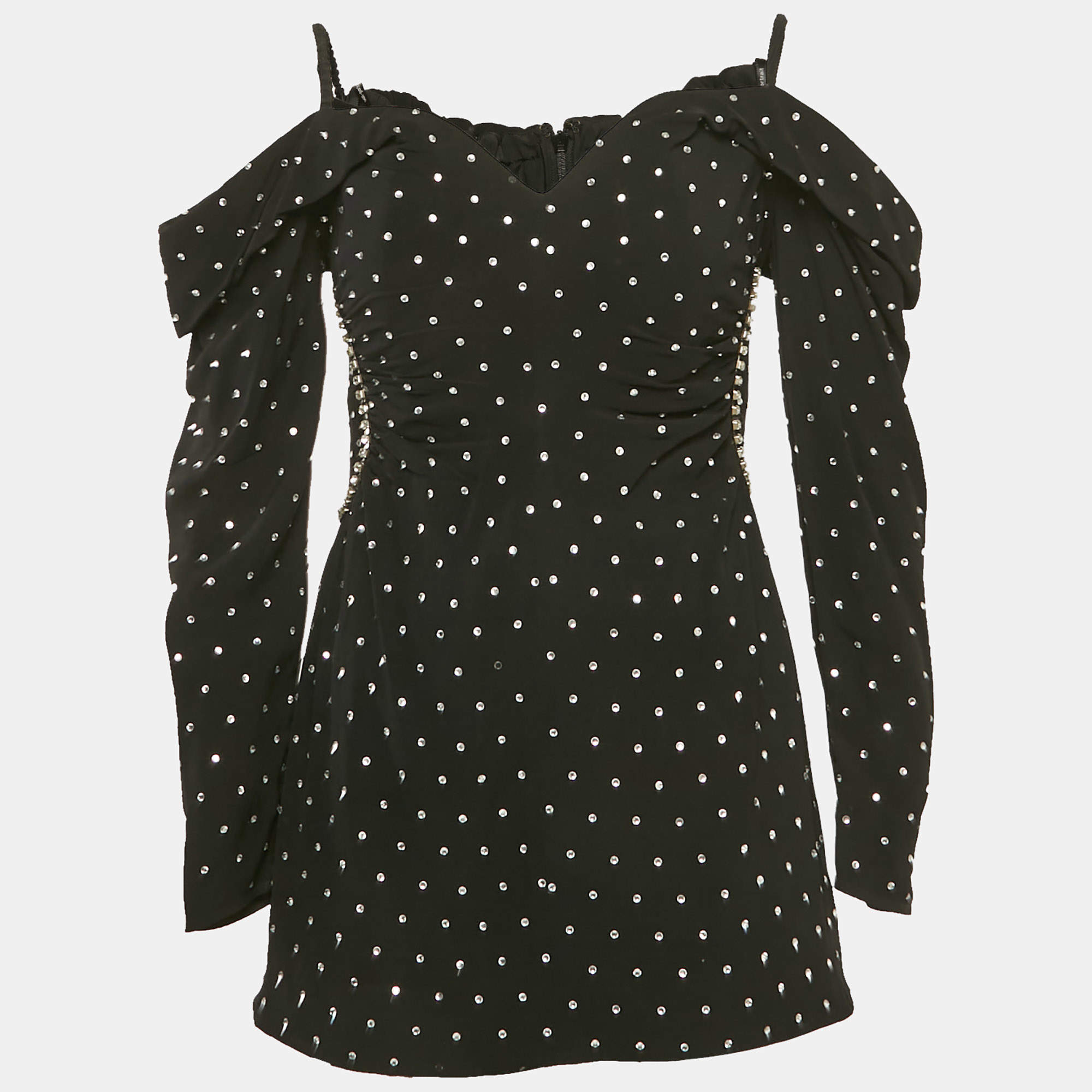 Self-Portrait Black Crepe Embellished Off-Shoulder Diamante Dress M