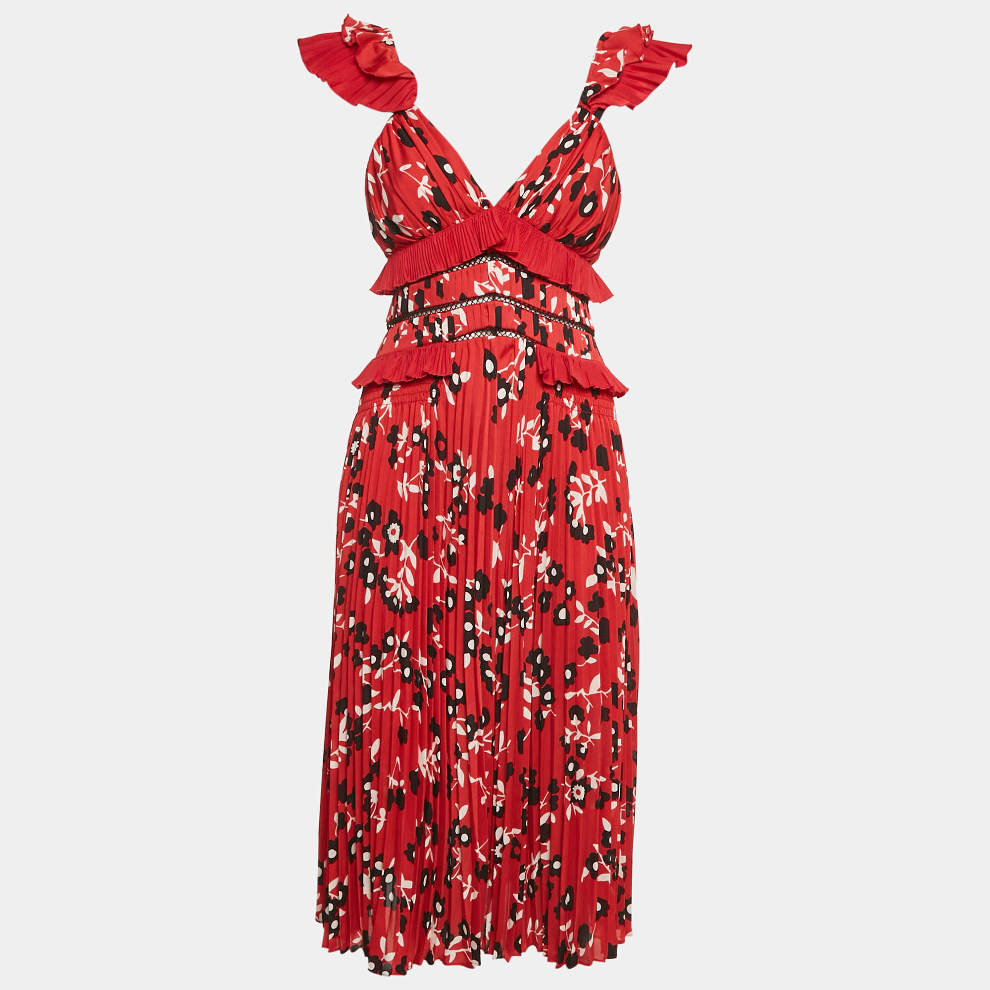 Pre Owned Self-Portrait Red Floral Print Plisse Ruffled Midi Dress S