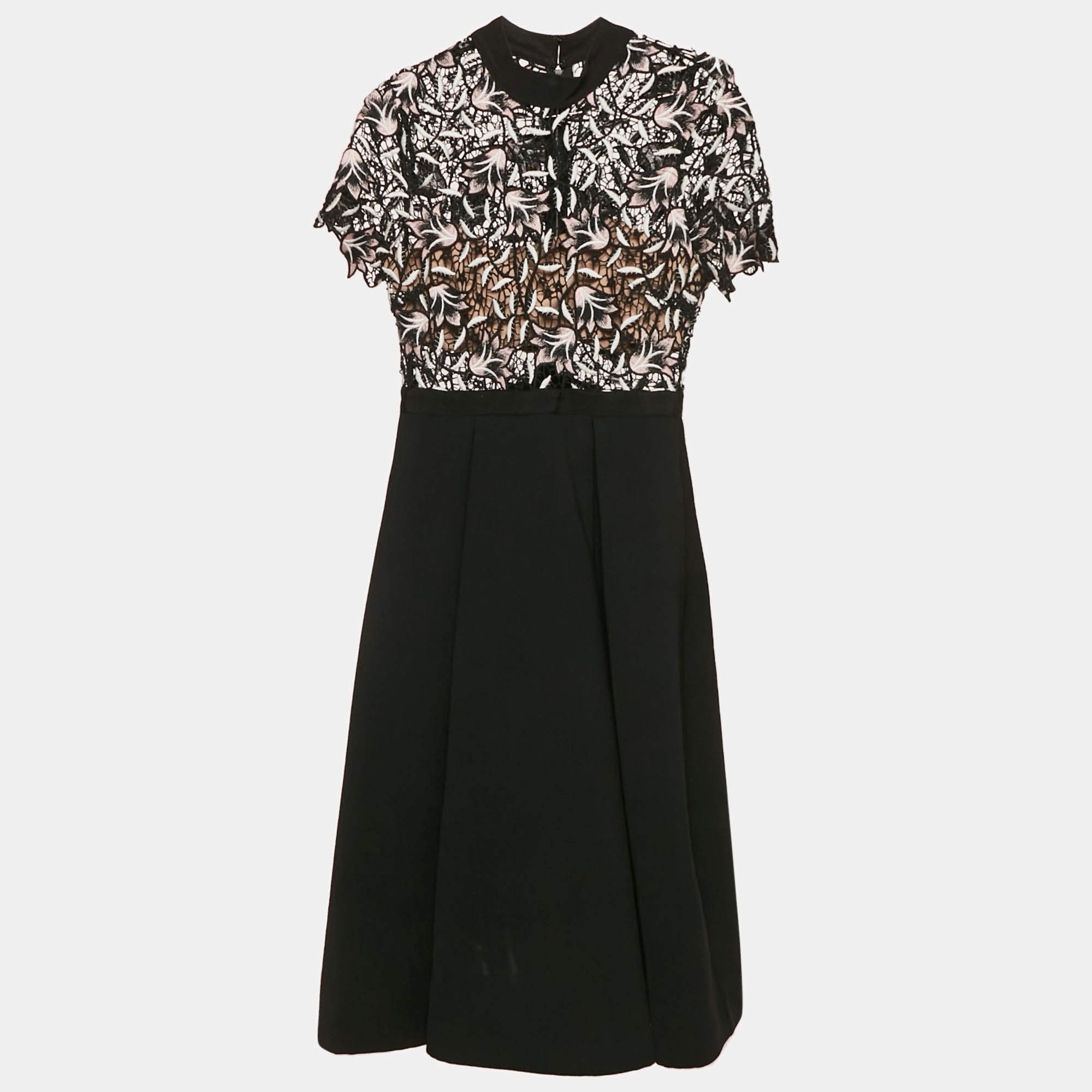 Self-Portrait Black Lace Trim Crepe Midi Dress M