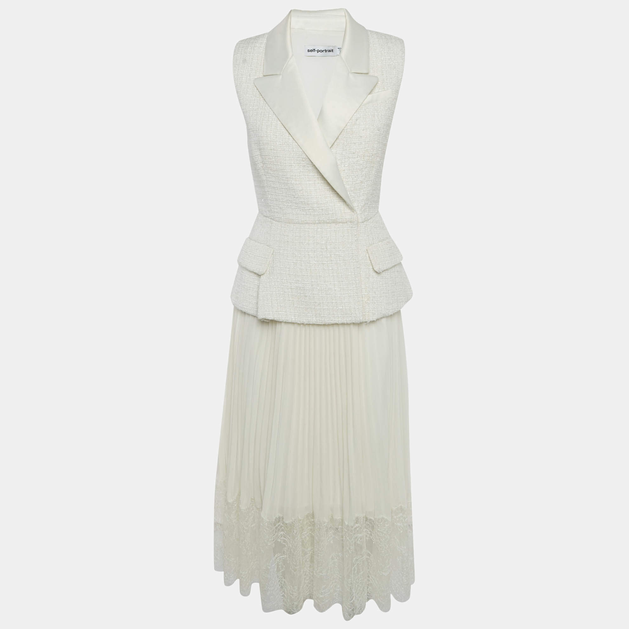 Pre Owned Self-Portrait Off White Tweed & Plisse Blazer Wrap Over Midi Dress S