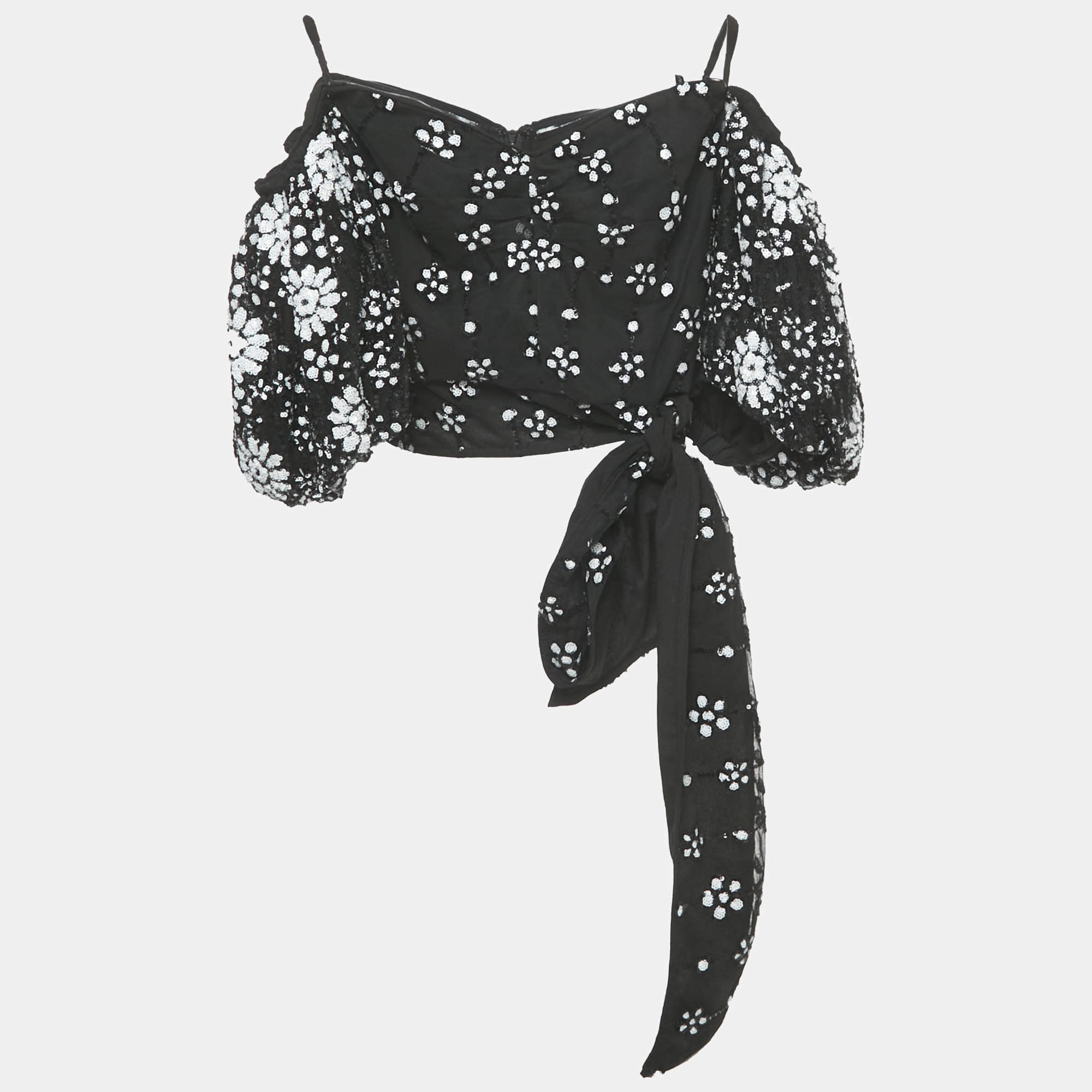 Self-Portrait Black Deco Sequin Mesh Puff Sleeve Top S