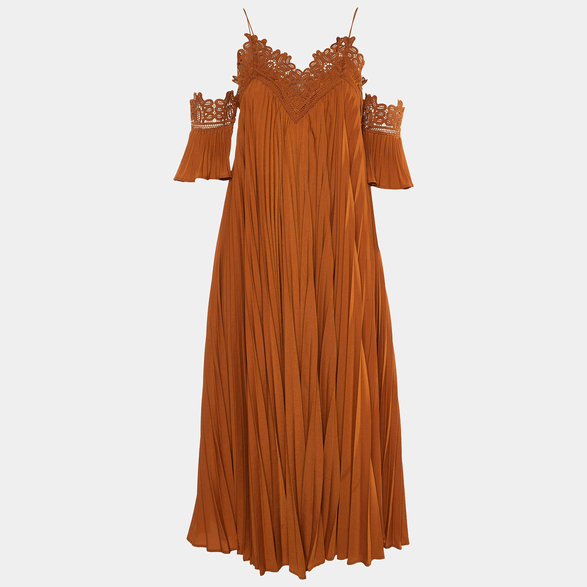 Self-Portrait Ochre Plisse Lace Trim Cold Shoulder Long Dress S
