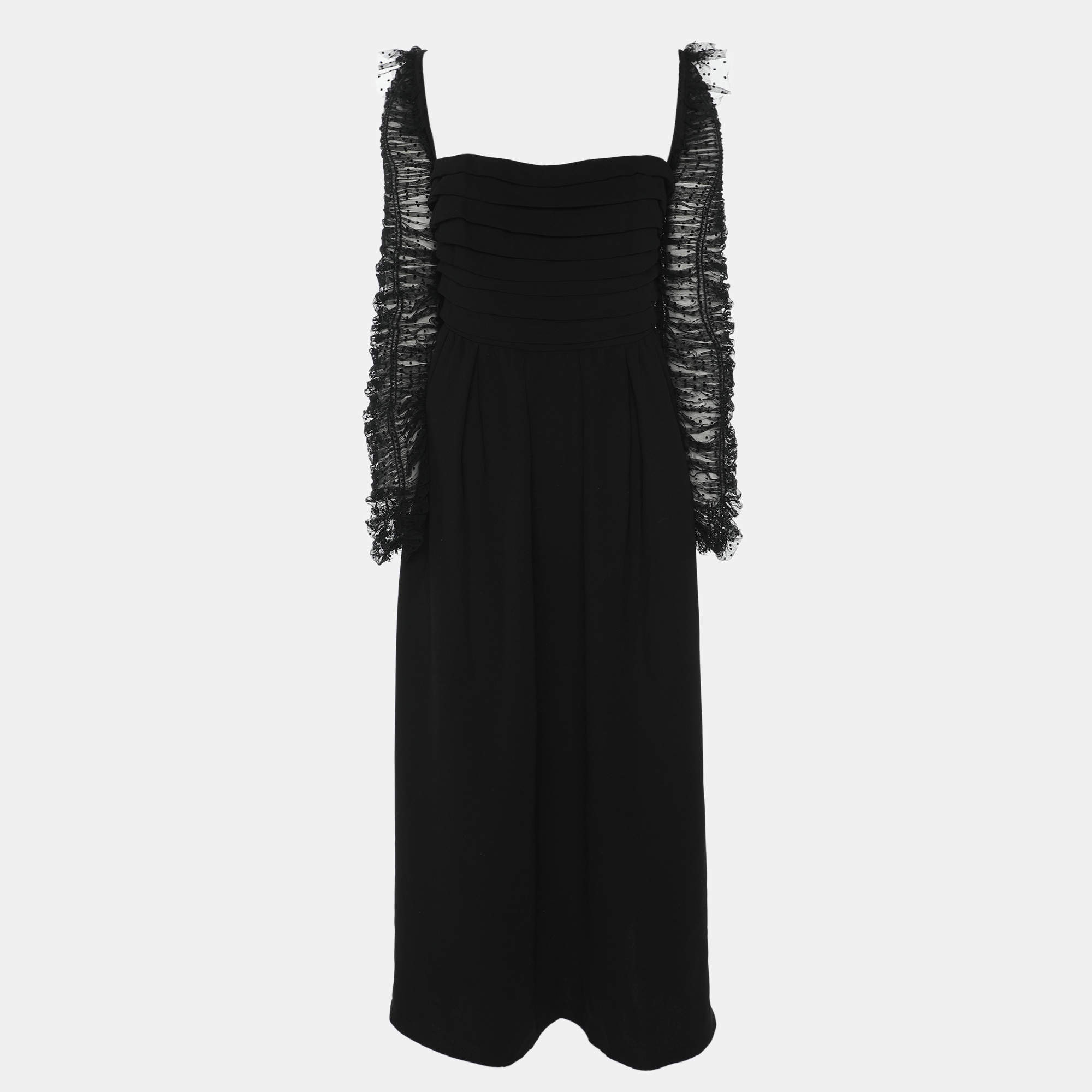 Self-Portrait Black Dots Mesh Sleeved Crepe Midi Dress L