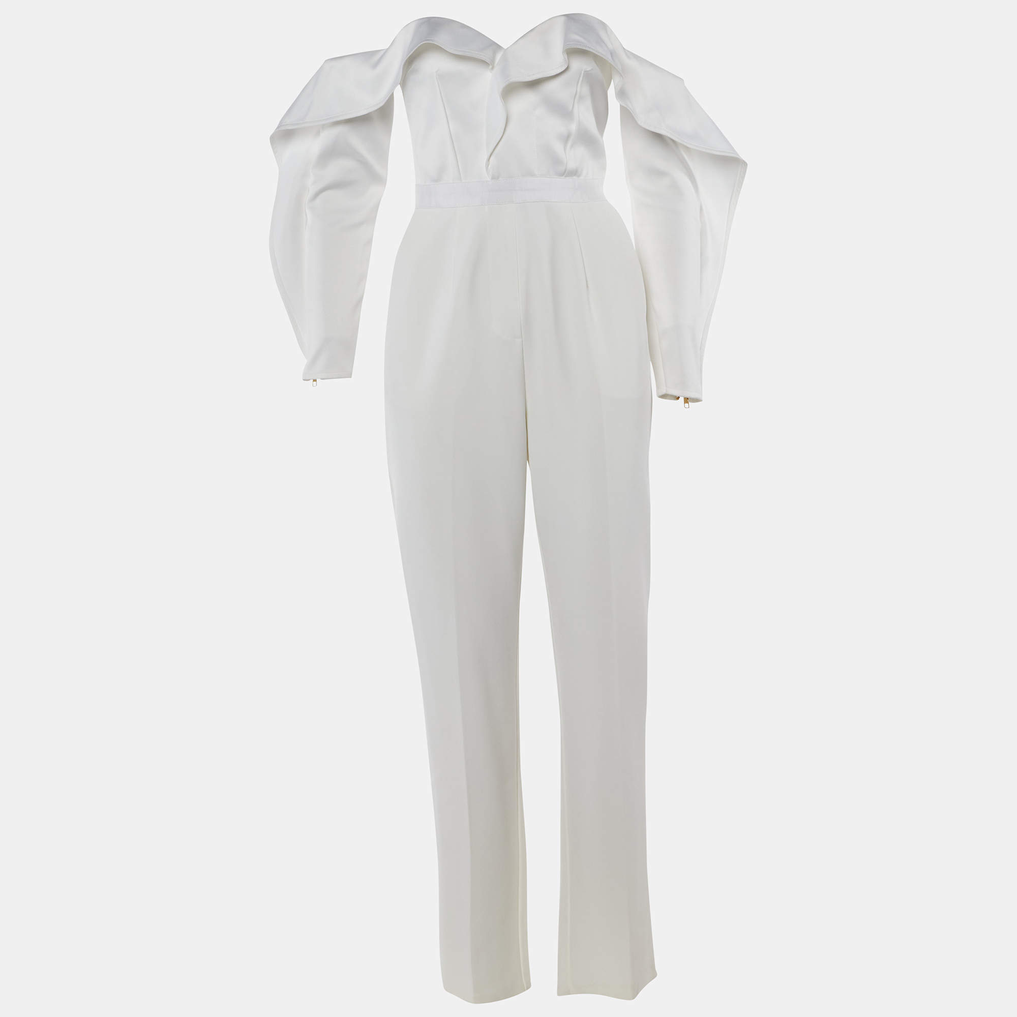 Pre Owned Self-Portrait White Satin & Crepe Off-The-Shoulder Jumpsuit M