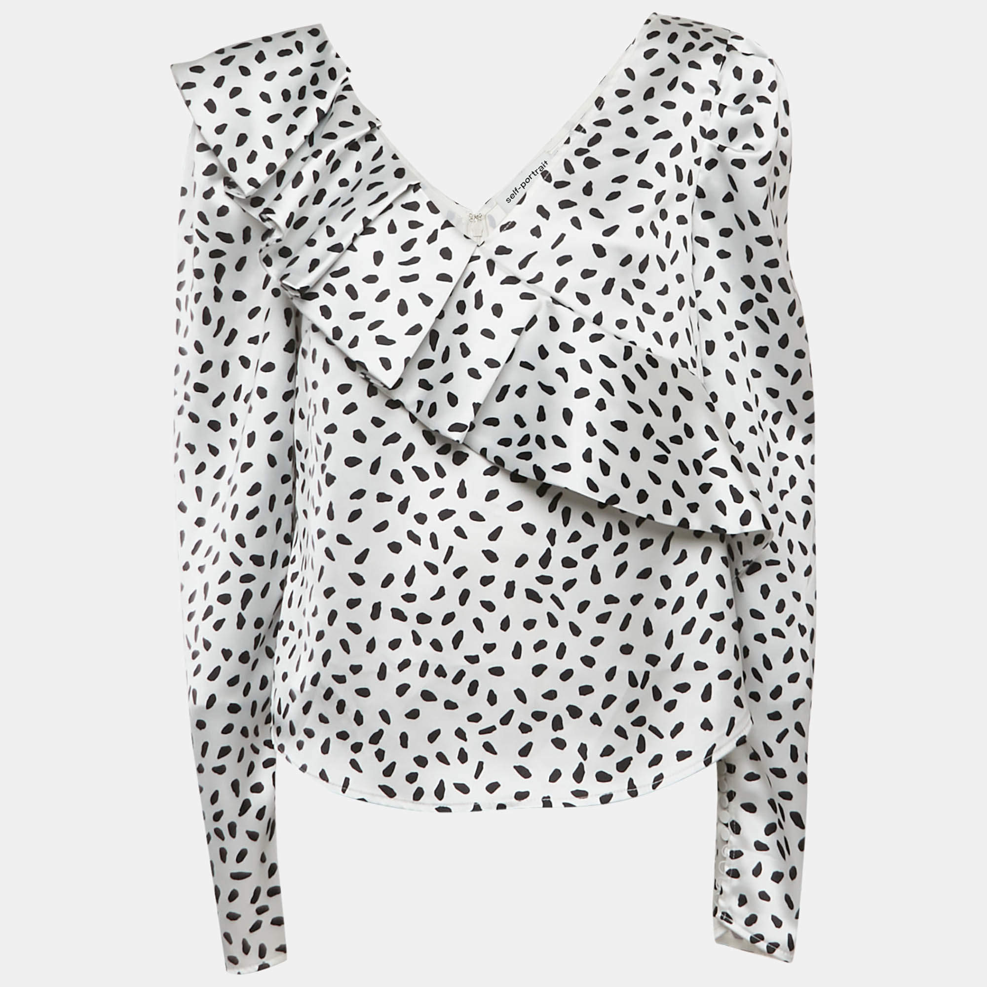 Pre Owned Self-Portrait Monochrome Printed Satin Ruffled Blouse M