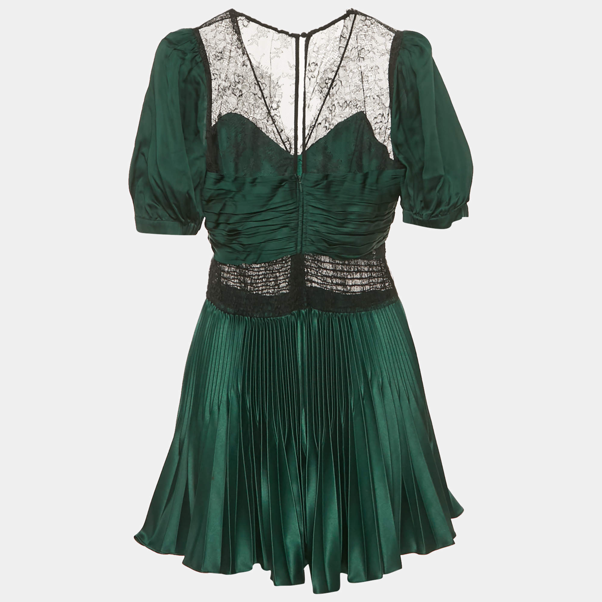 Pre Owned Self-Portrait Green Sateen Plisse Lace Detail Mini Dress M