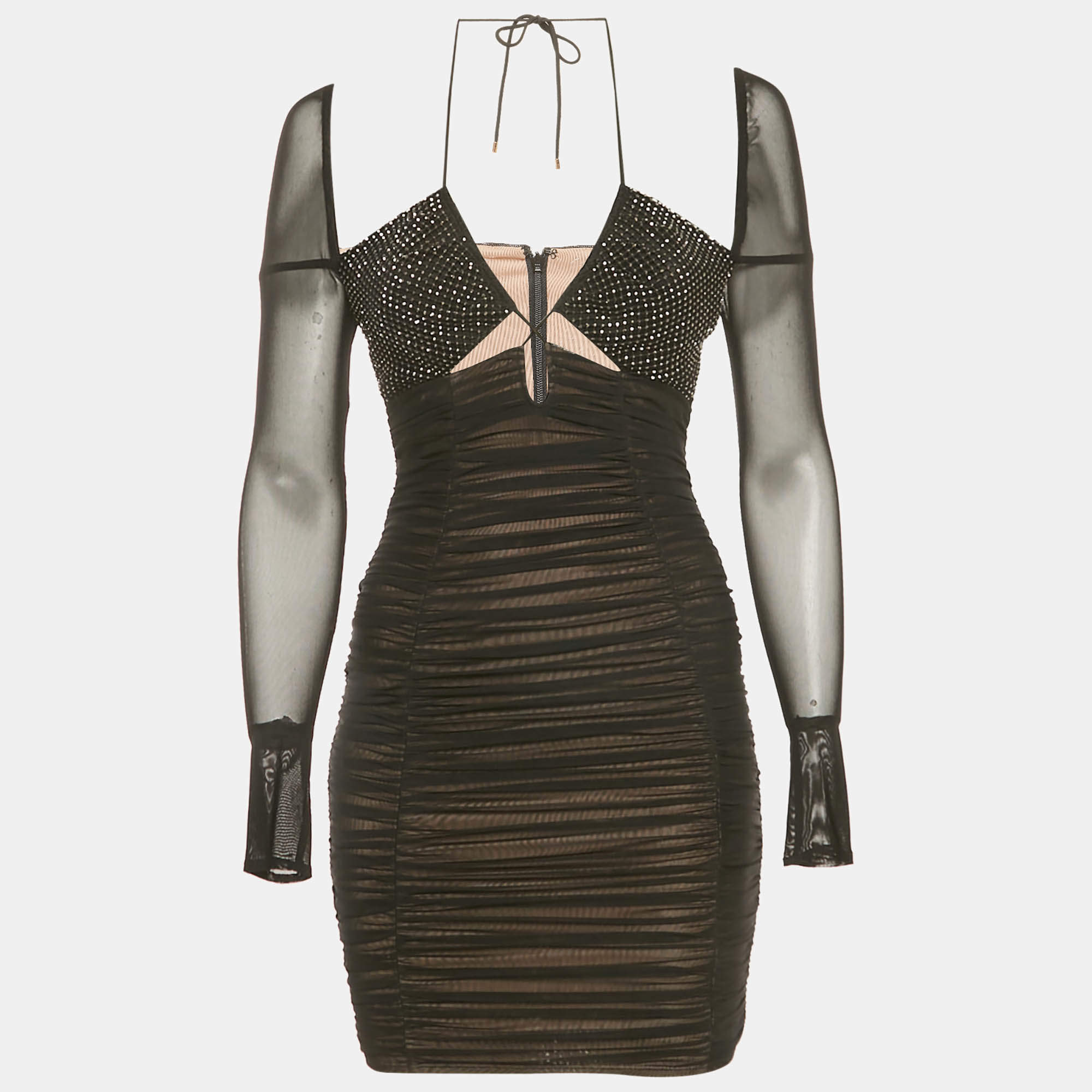 Pre Owned Self-Portrait Black Mesh Embellished Detail Ruched Mini Dress S