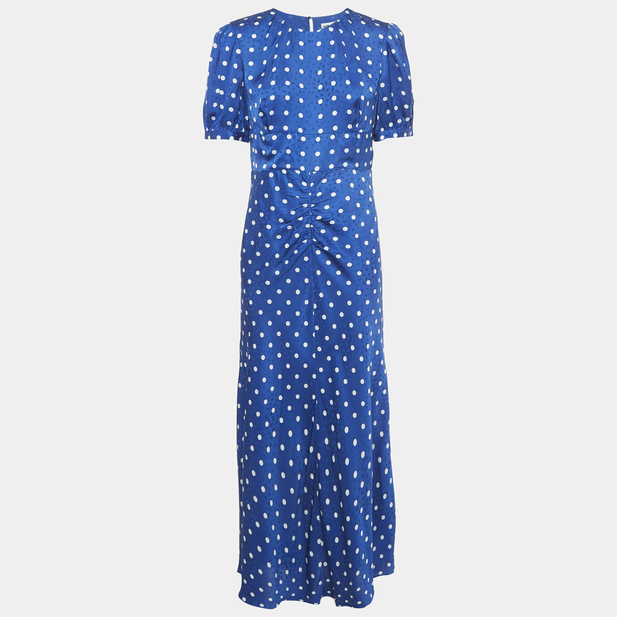 Pre Owned Self-Portrait Blue Polka Dot Satin Puff Sleeve Long Dress M