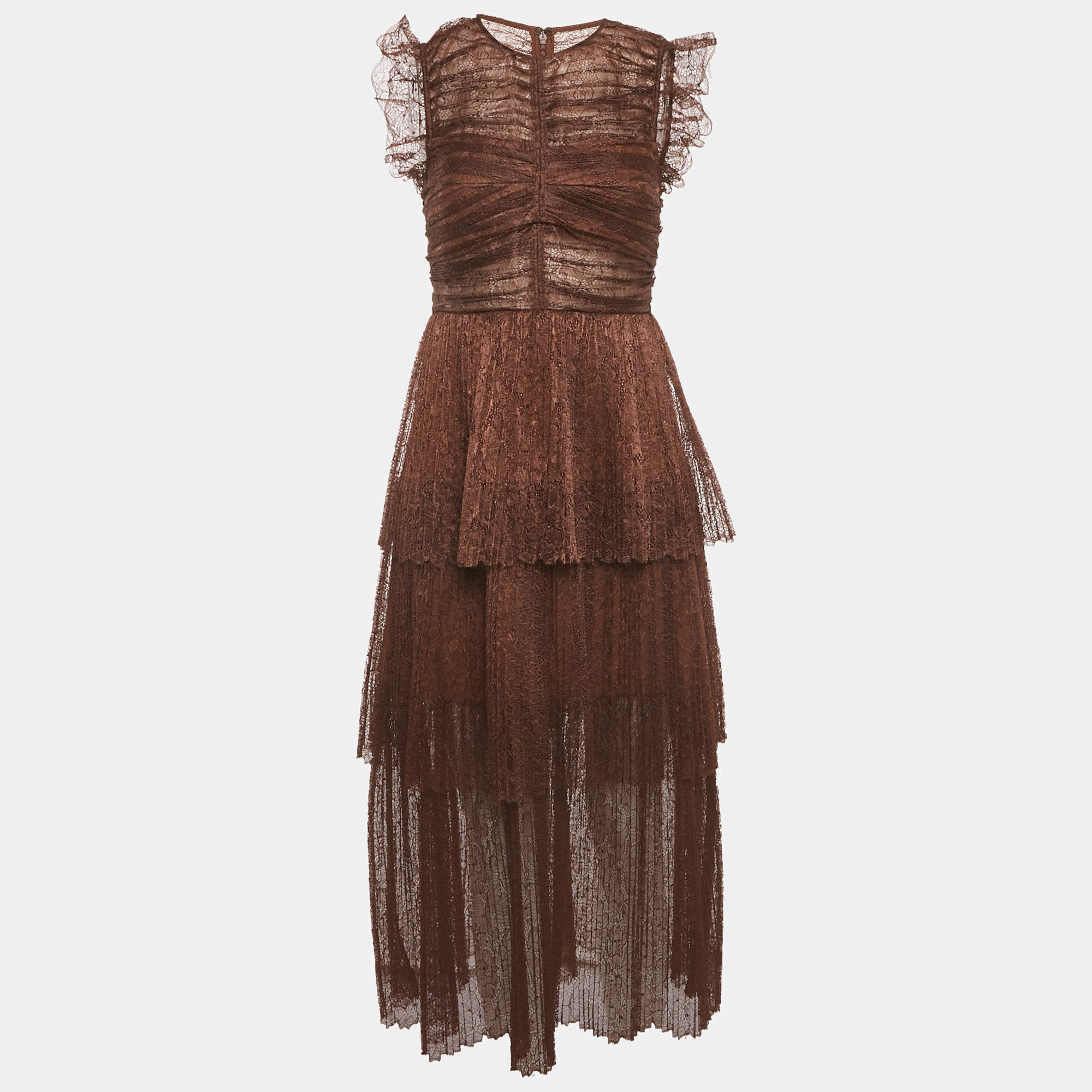 Pre Owned Self-Portrait Brown Lace Ruffled Midi Dress S