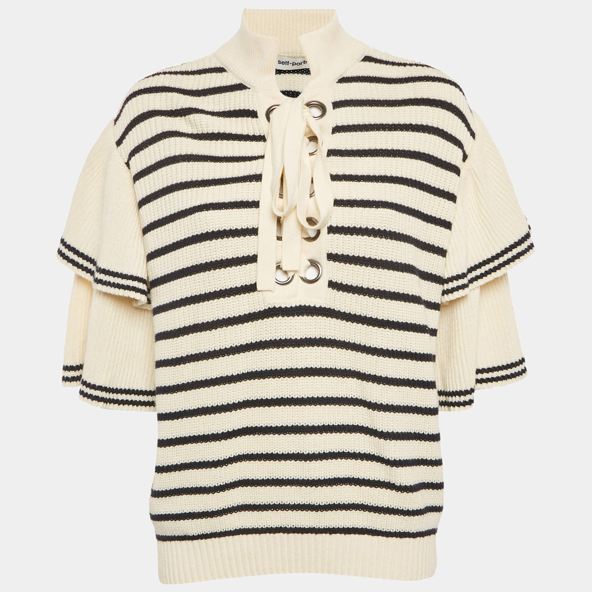 Pre Owned Self-Portrait Cream/Black Striped Rib Knit Lace-Up Neck Sweater L