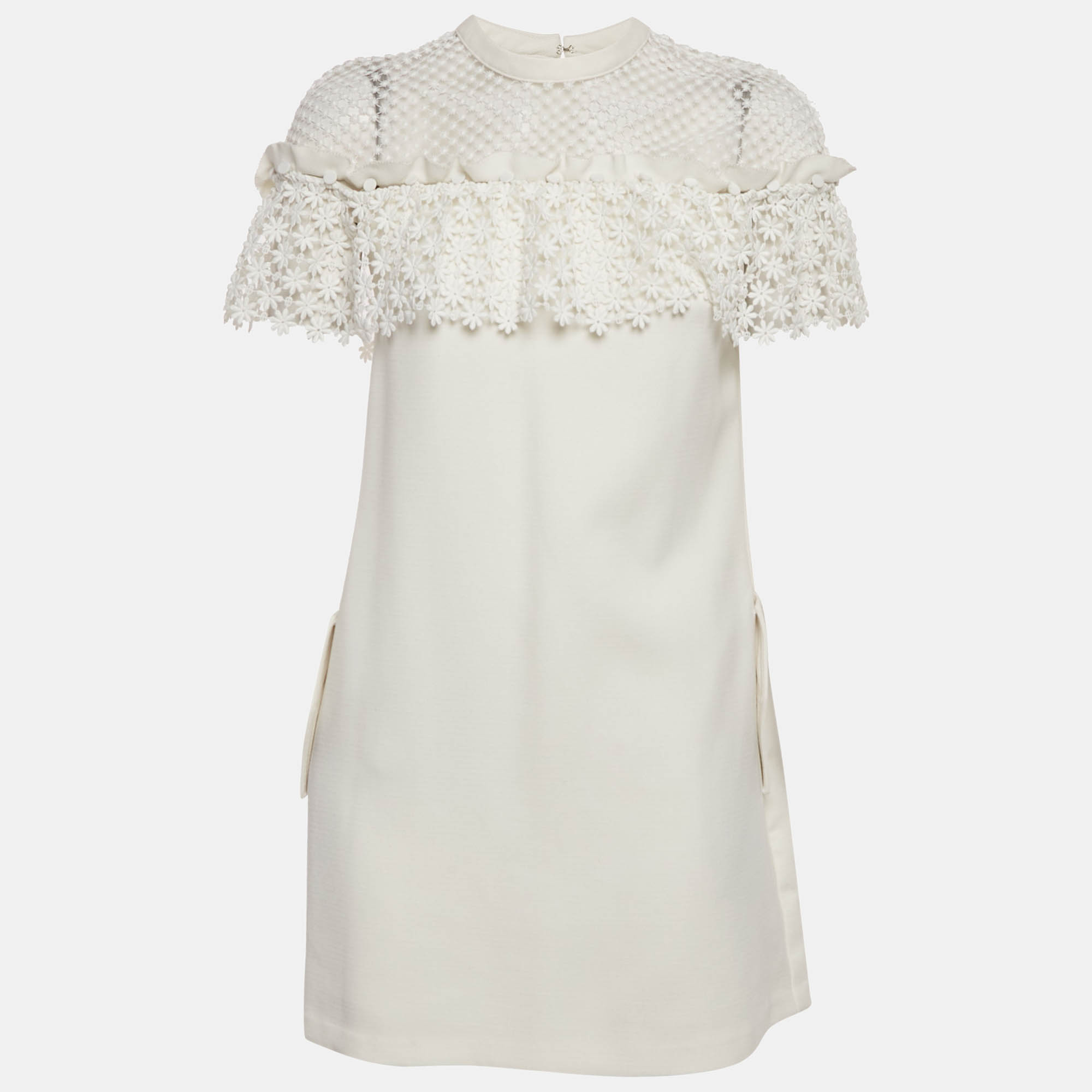 Pre Owned Self-Portrait White Knit Lace Trimmed Mini Shift Dress S