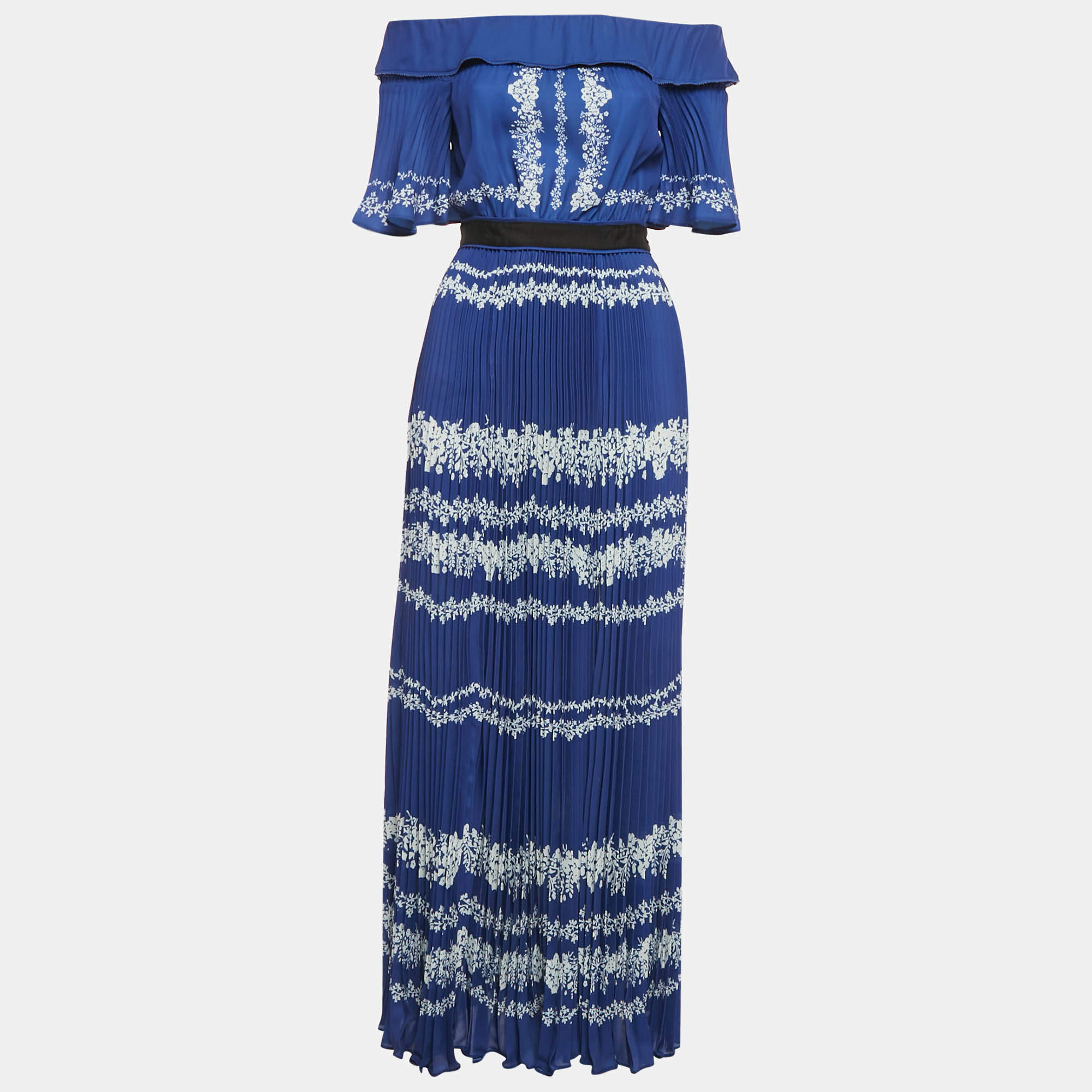 Pre Owned Self-Portrait Blue Floral Print Satin Plisse Off-Shoulder Maxi Dress S