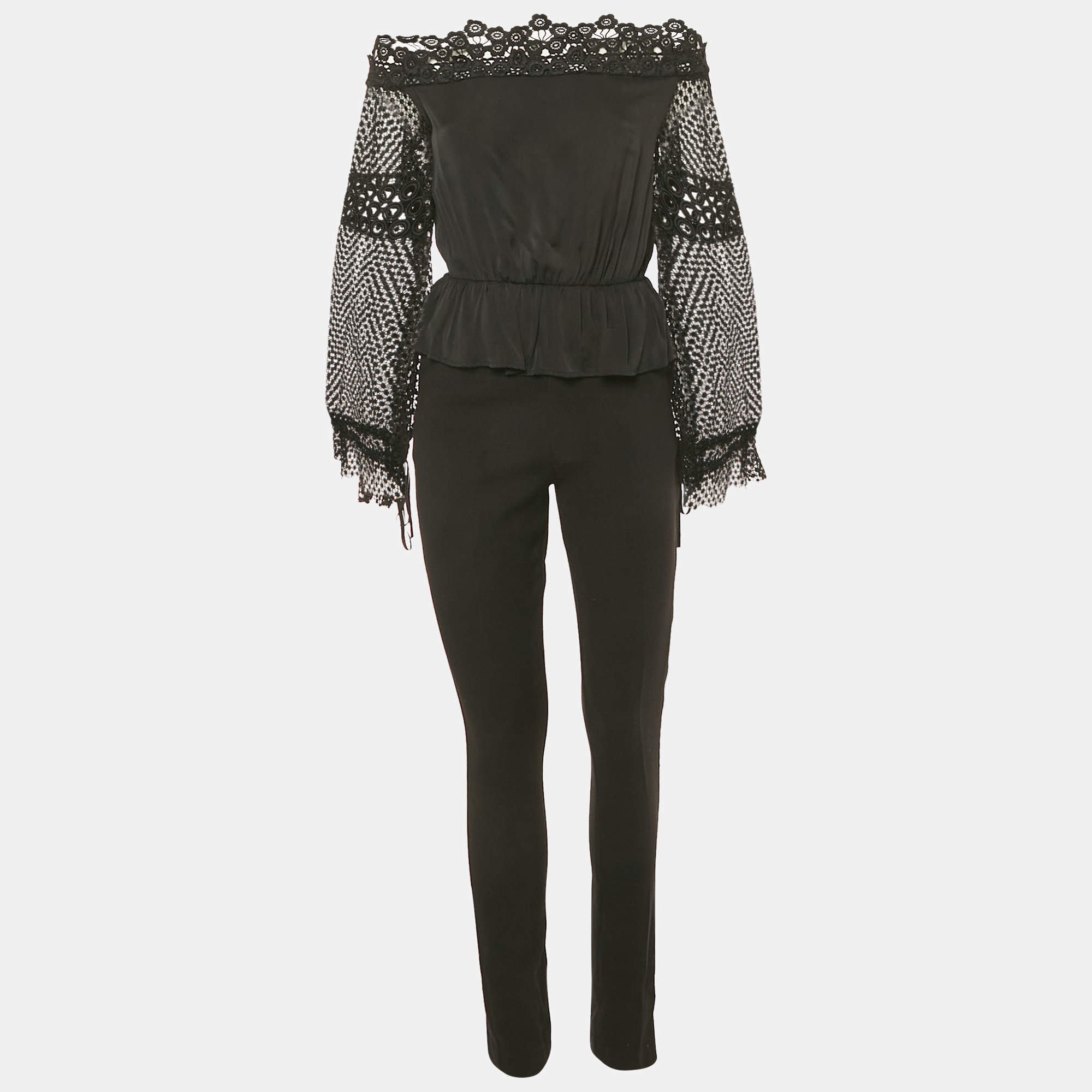 Pre Owned Self-Portrait Black Lace Trim Crepe Jumpsuit S