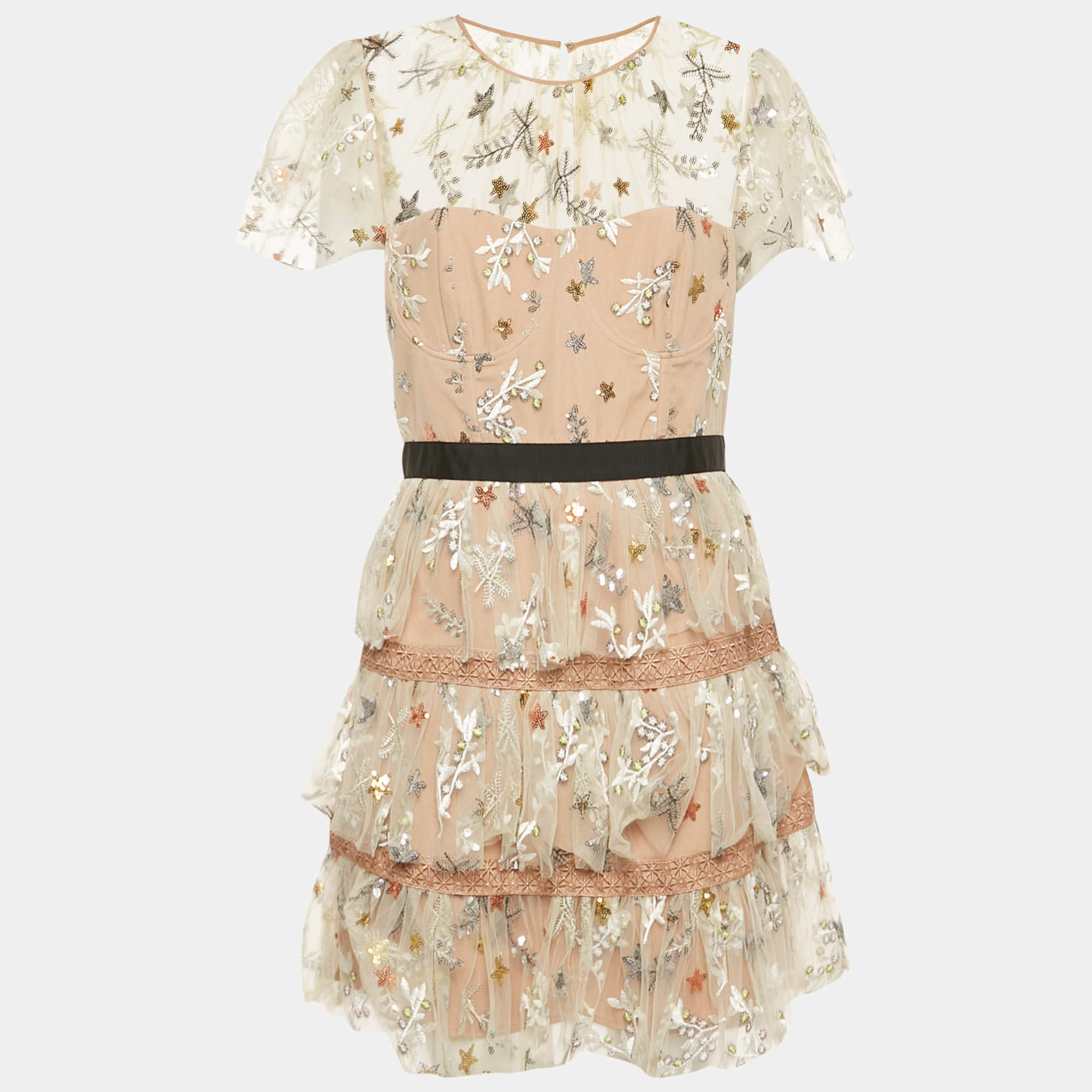 Pre Owned Self-Portrait Beige Star Embroidered Tulle Tiered Mini Dress L 