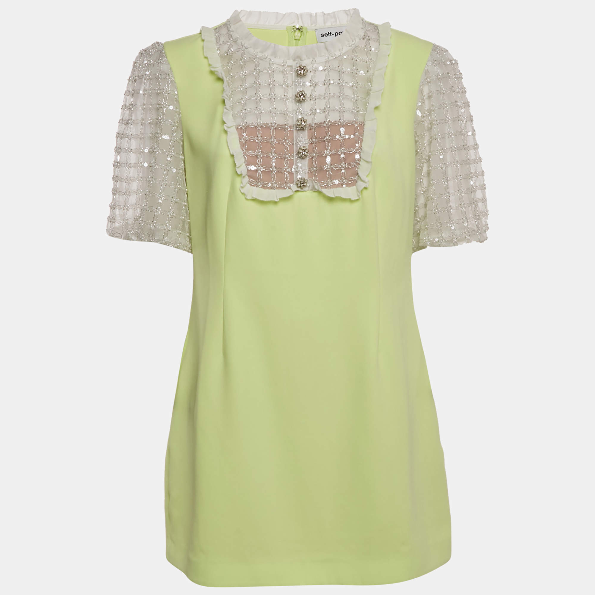 Pre Owned فستان سيلف بورتريه قصير مزخرف تل كريب أخضر ليموني مقاس كبير (لارج)