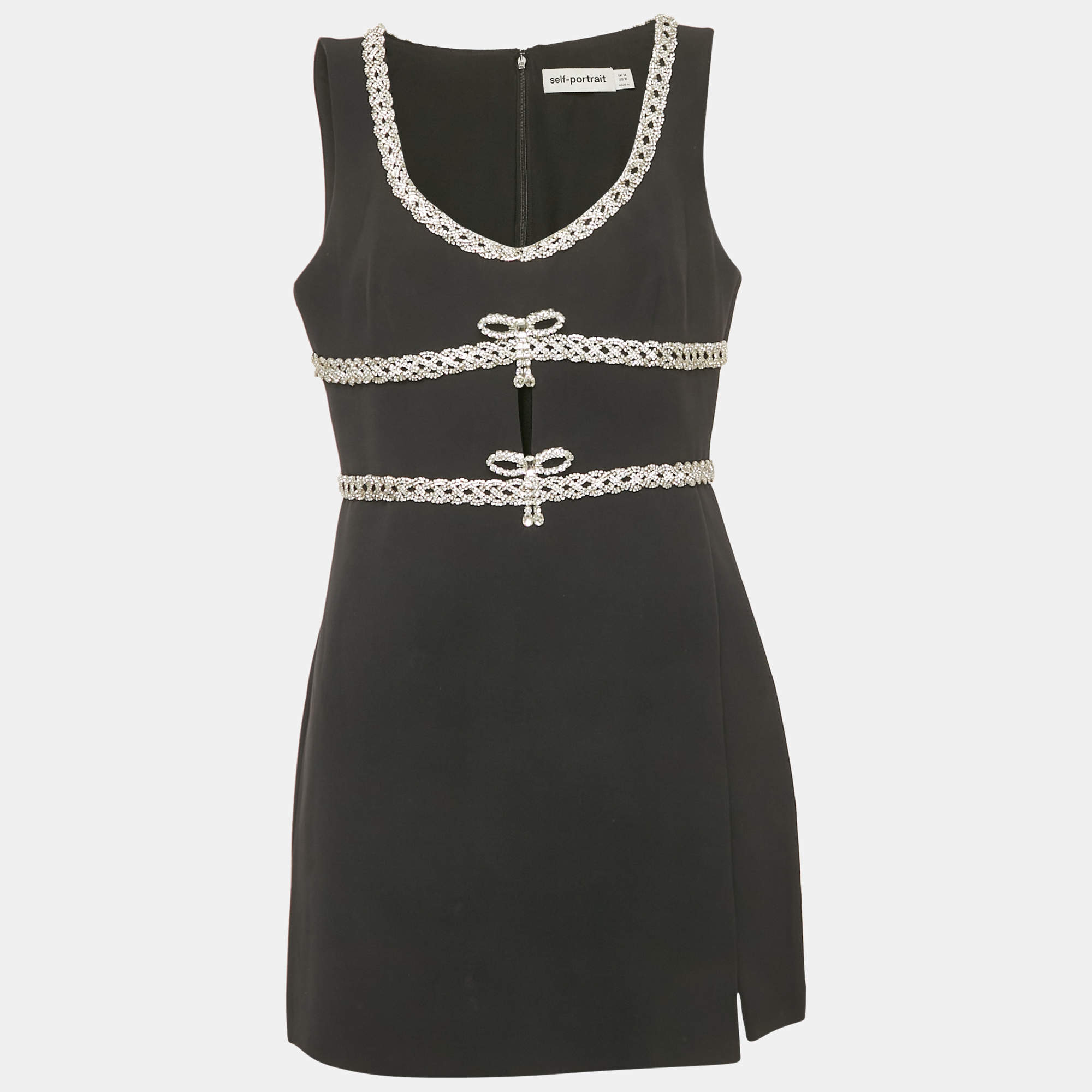 Pre Owned فساتين سيلف بورتريه ميني كريب أسود بالكريستال وربطة المرصع حجم كبير