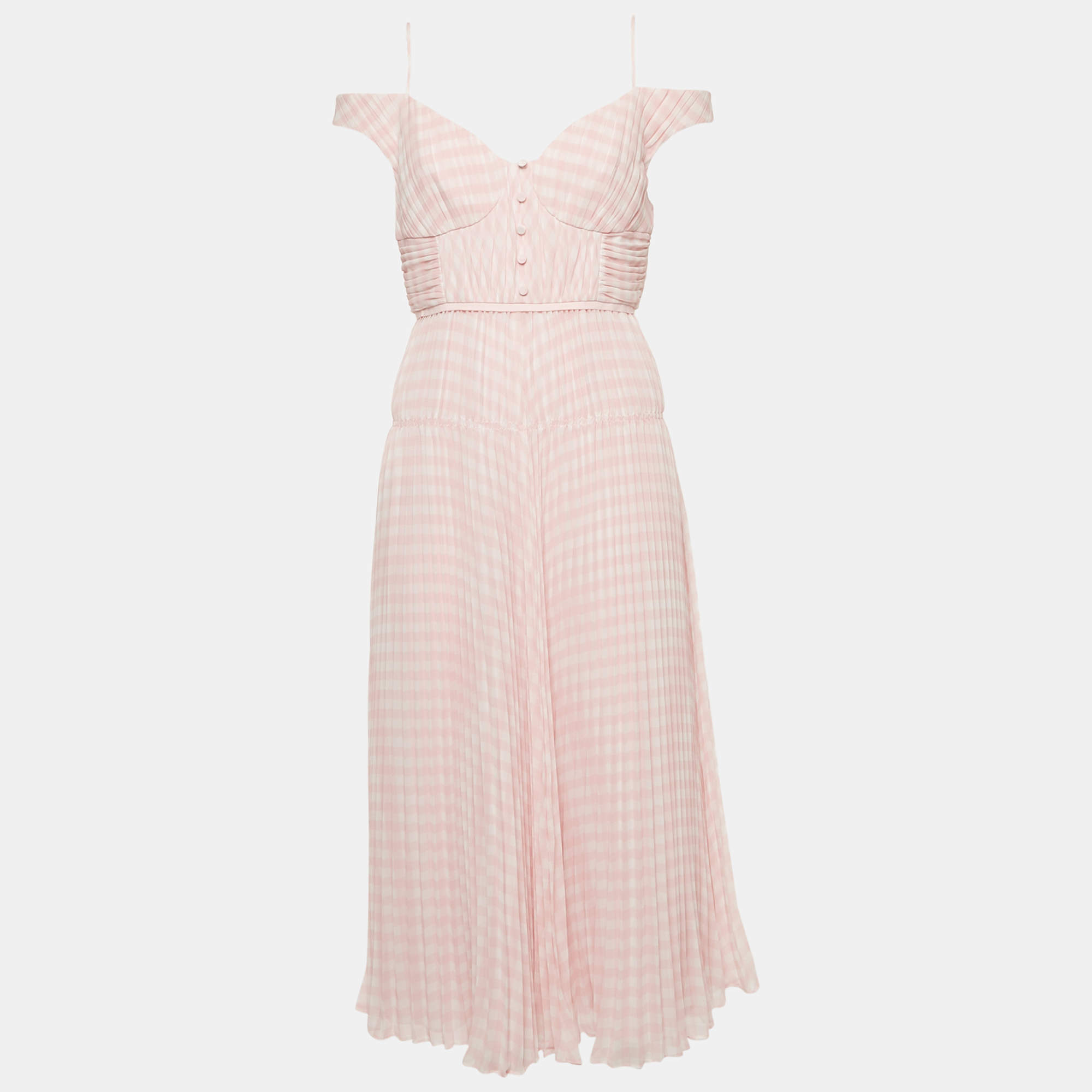 Pre Owned Self-Portrait Pink Gingham Print Chiffon Pleated Midi Dress M