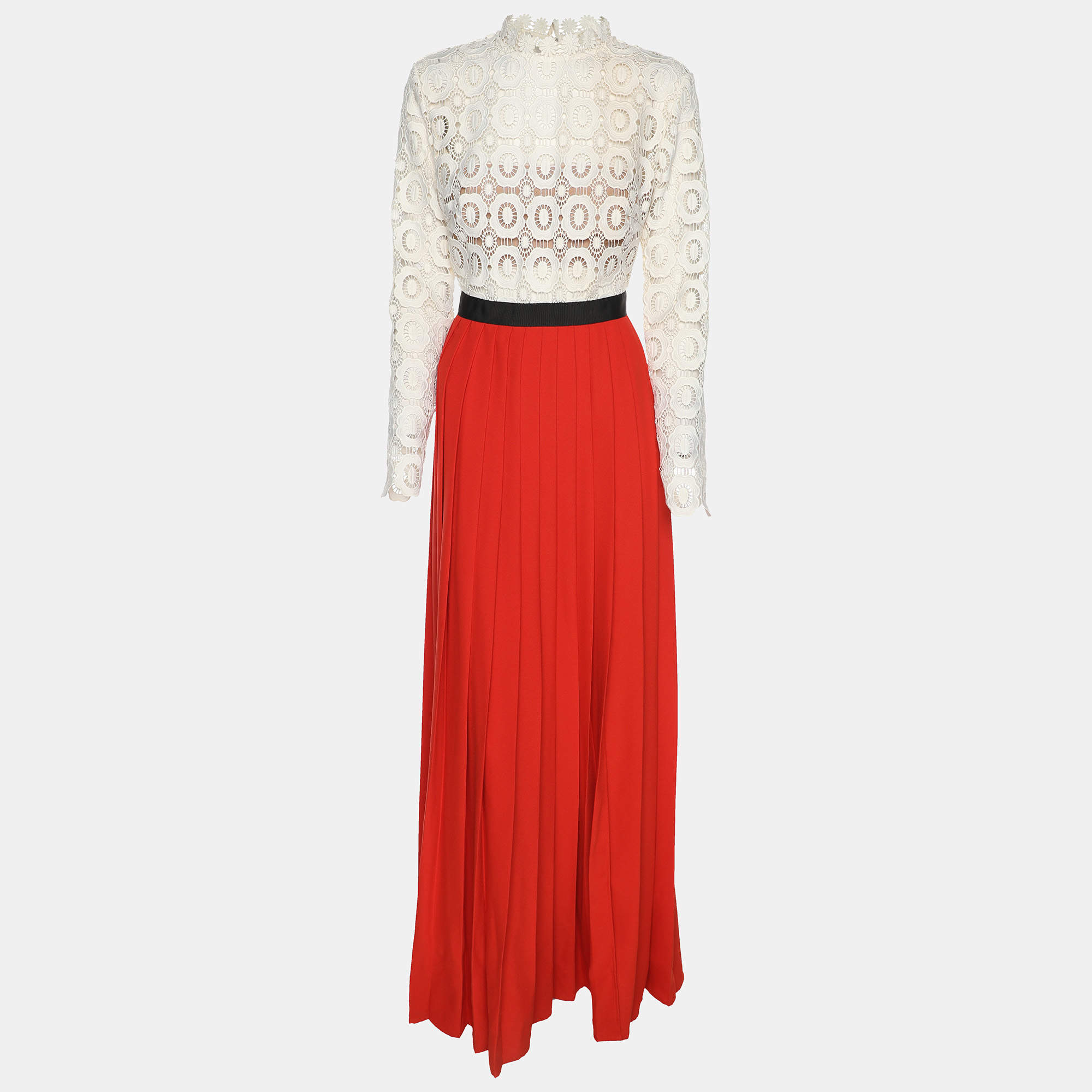 Pre Owned Self-Portrait White/Red Floral Lace and Pleated Crepe Maxi Dress S