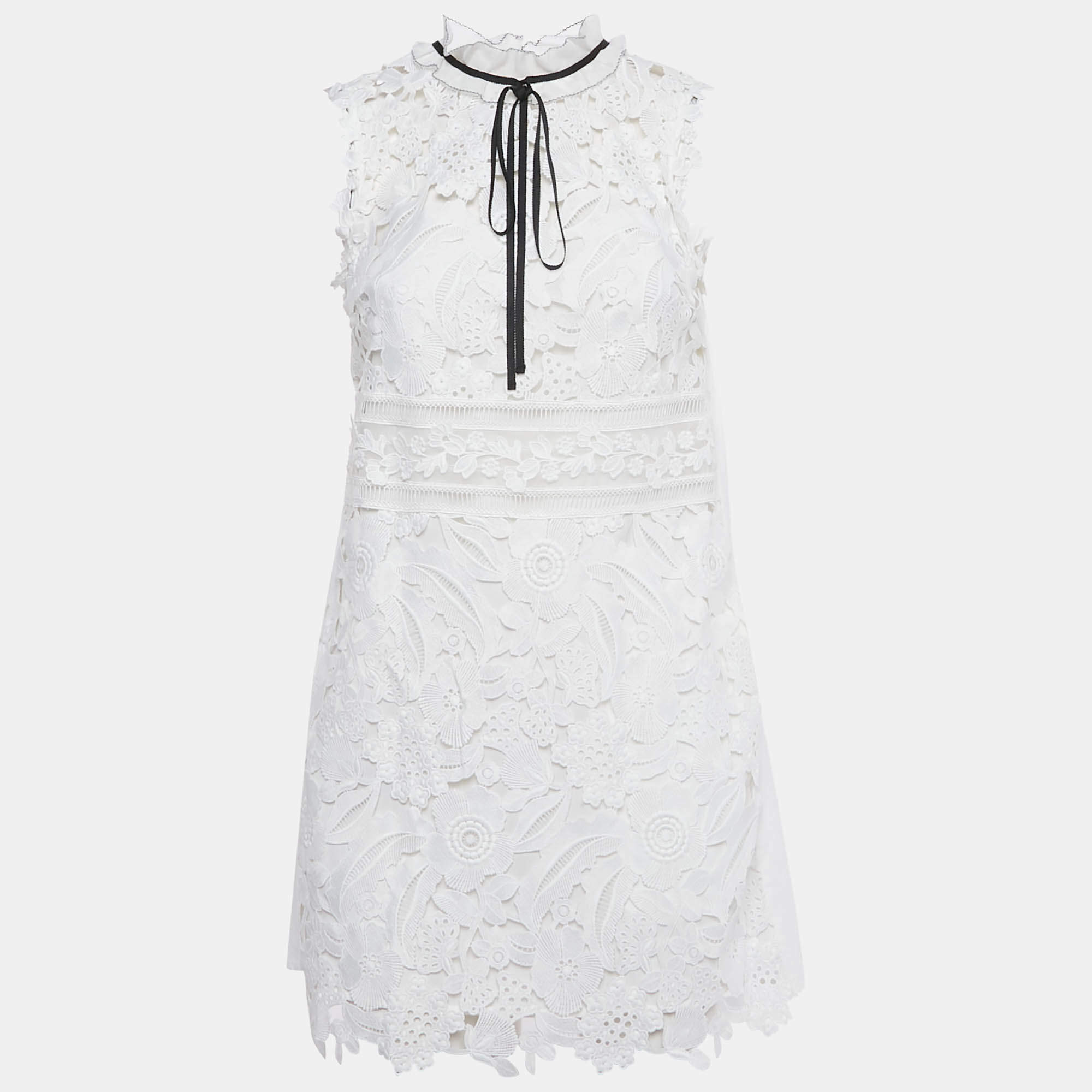 Pre Owned Self-Portrait White Guipure Lace Bow Detail Mini Dress S