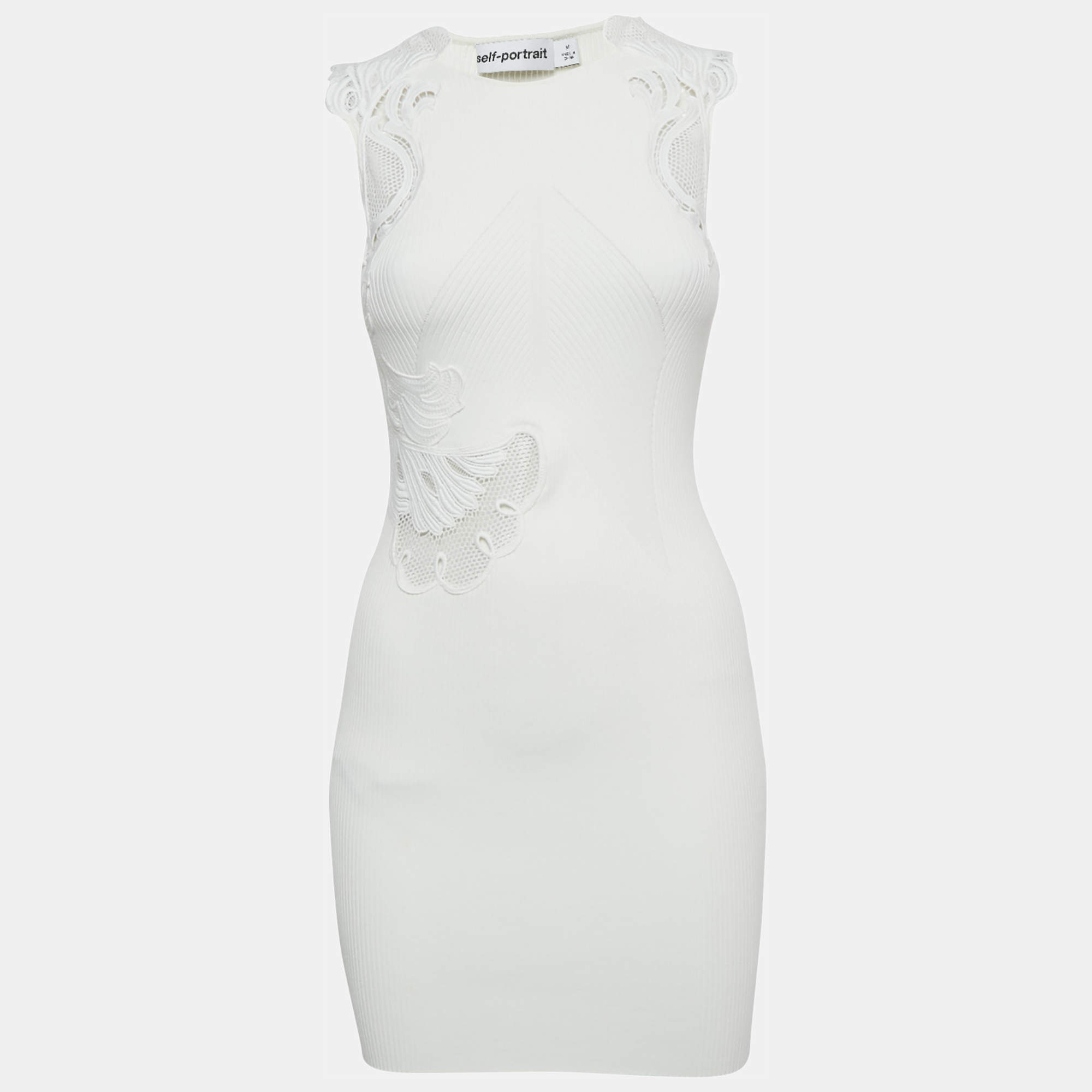 Pre Owned Self-Portrait White Rib Knit Inserted Lace Mini Dress M