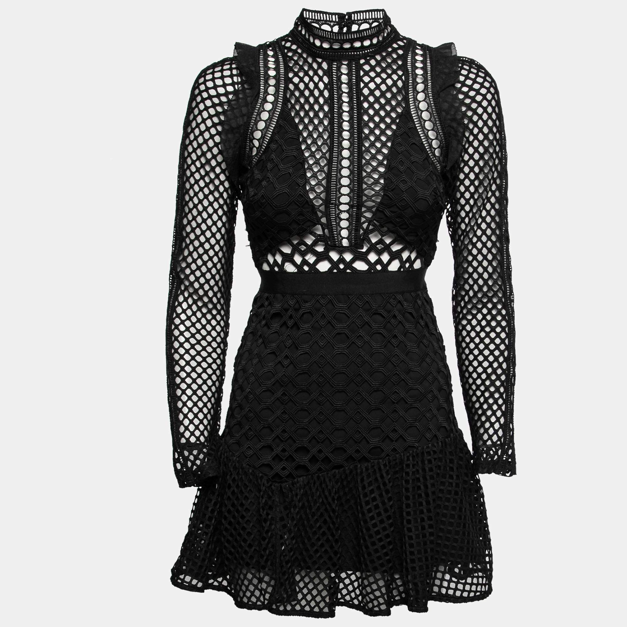 Pre Owned Self-Portrait Black Guipure Lace Mini Dress S