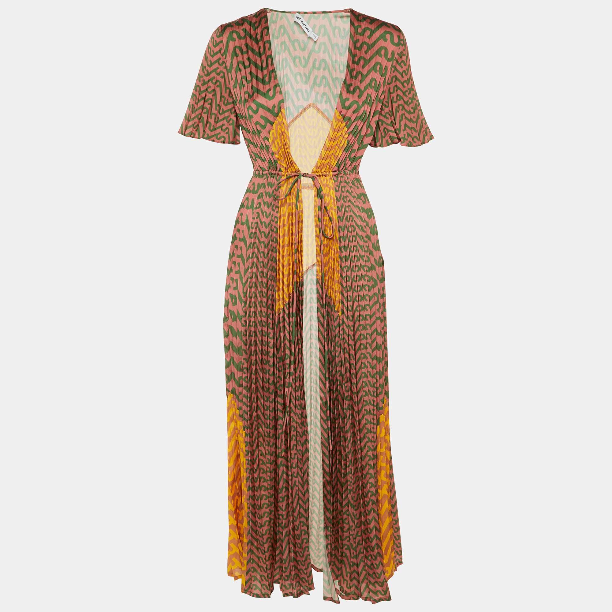 Pre Owned Self-Portrait Multicolor Printed Plisse Front Tie Dress Jacket S