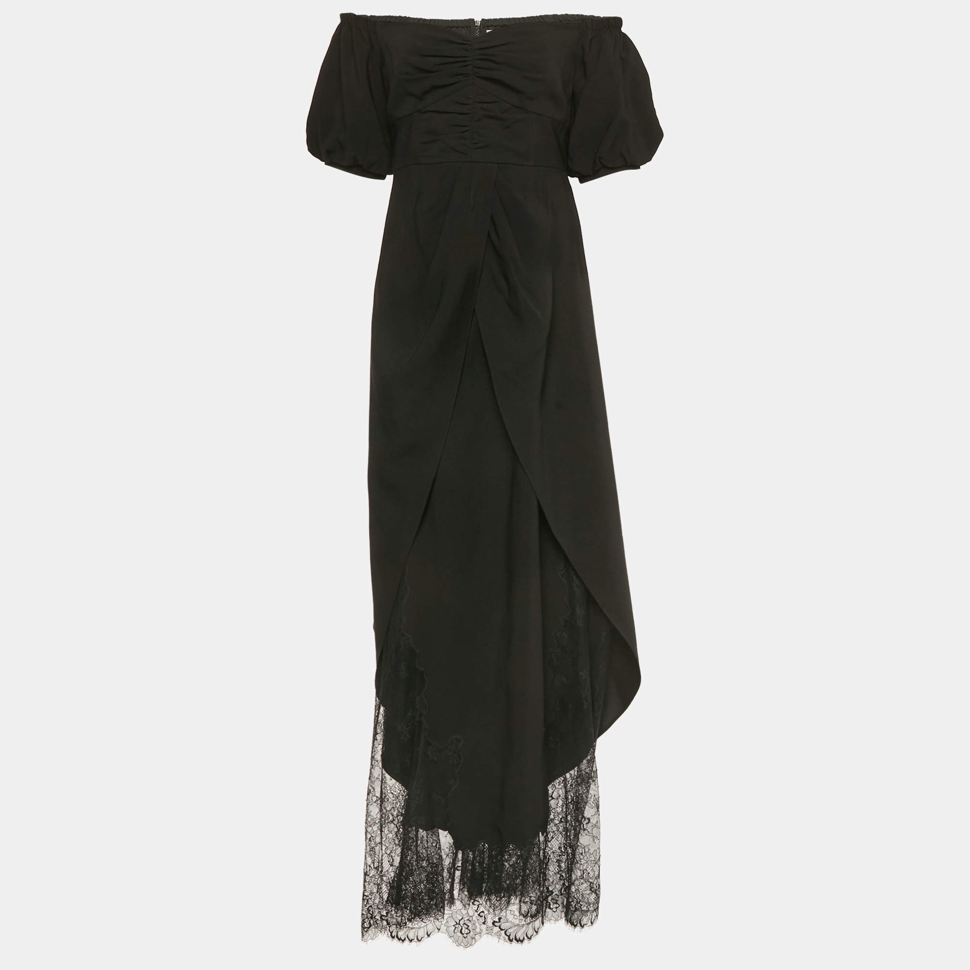 Pre Owned Self-Portrait Black Crepe Off-Shoulder Lace Detail Midi Dress M