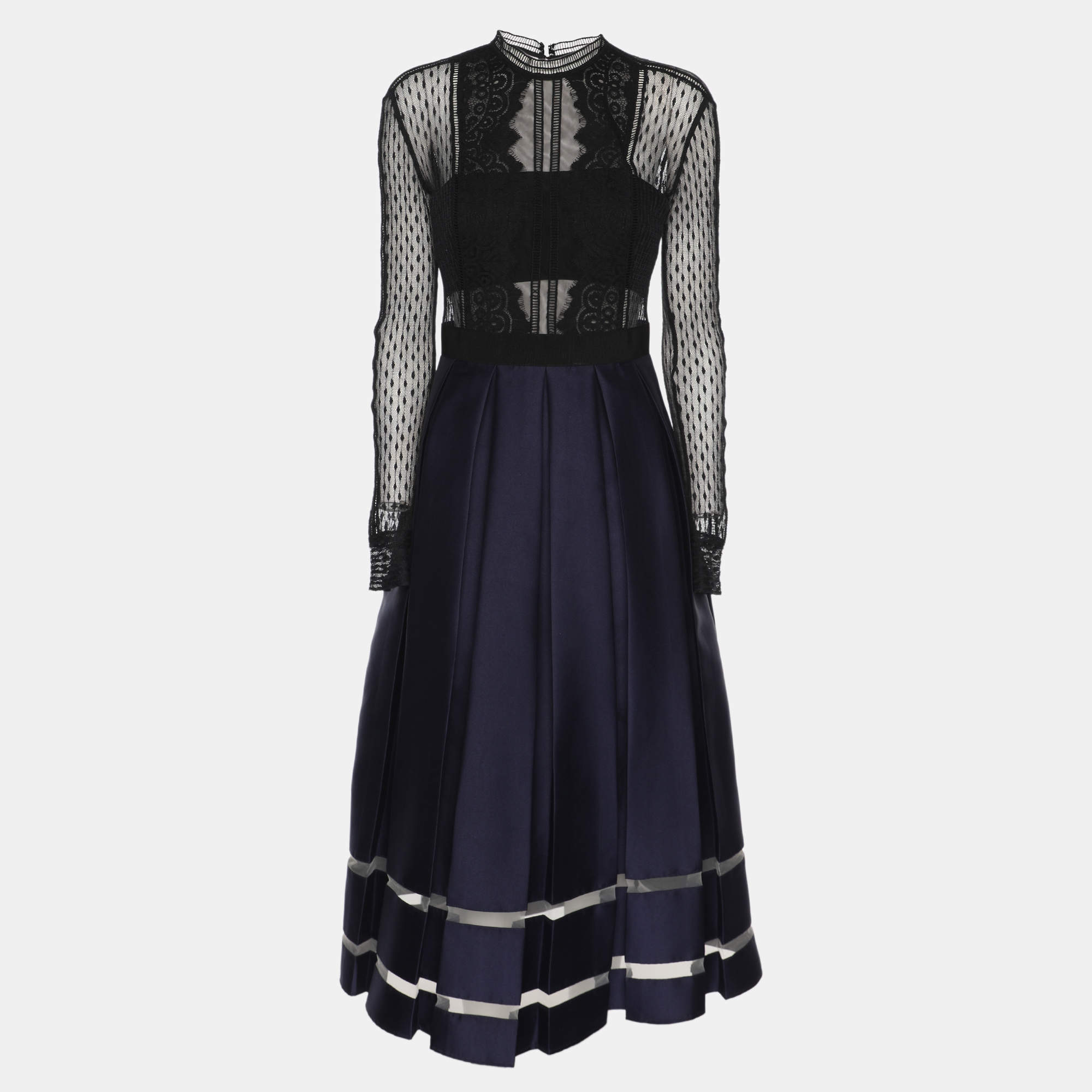 Pre Owned Self-Portrait Indigo Blue Satin and Lace Long Sleeve Pleated Midi Dress S