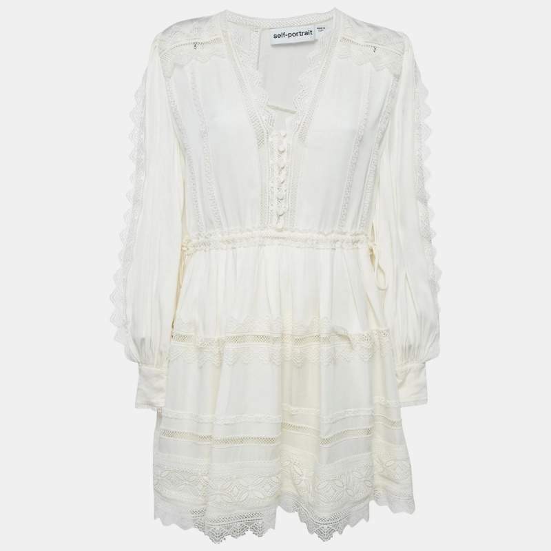 Pre Owned Self-Portrait Cream Crepe Lace Trimmed Mini Dress M